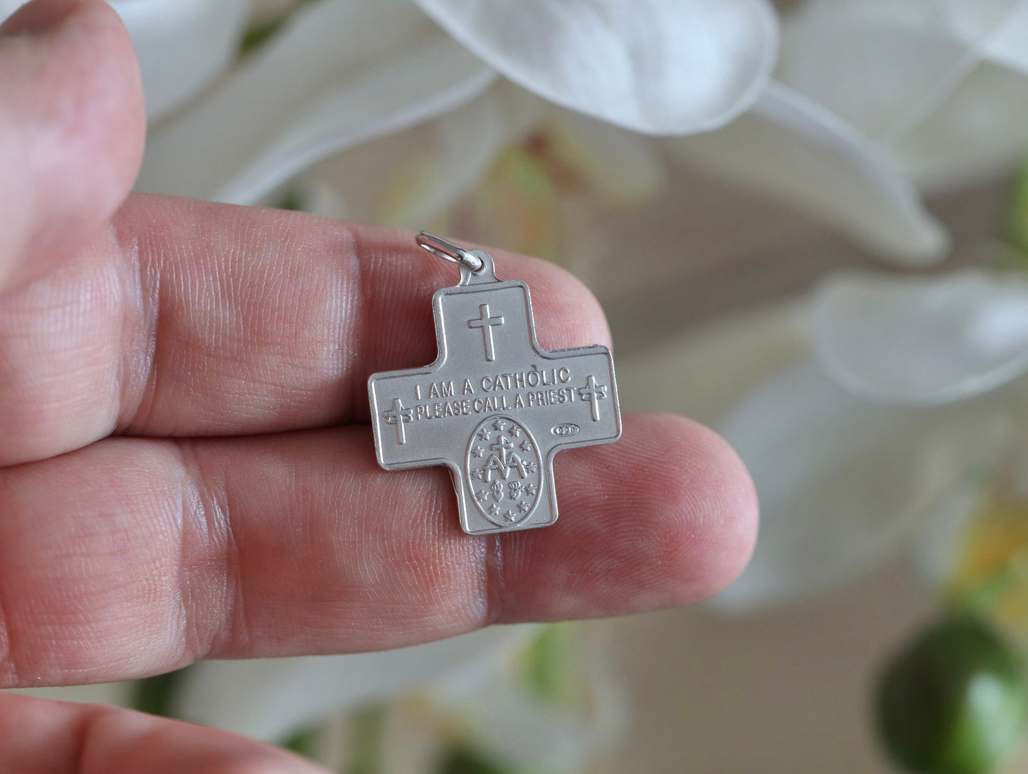 Four way cross, 4way medal. Sterling silver 925 cross, cross with St Joseph Virgin Mary Sacred Heart St Christopher and Miraculous Medal