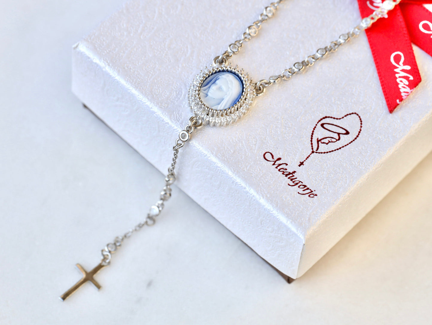 Rosario de Medjugorje, collar de rosario, collar de cameo, collar de la Virgen María, collar de rosario de ágata azul, rosario de plata de ley, rosario minimalista