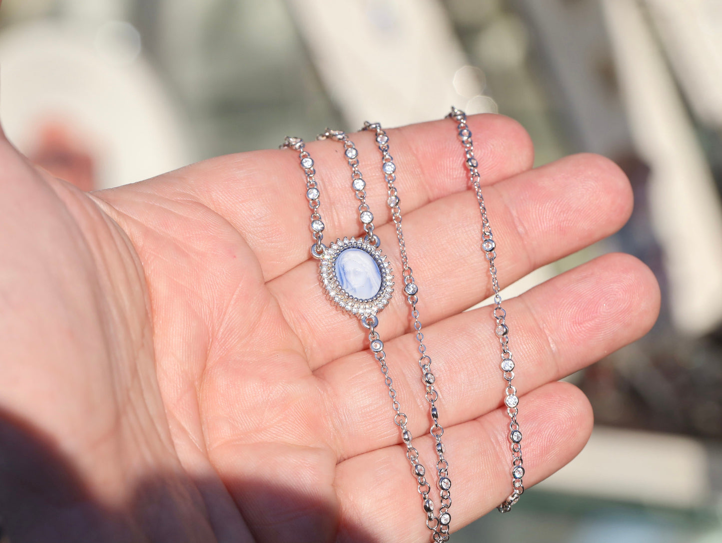 Rosario de Medjugorje, collar de rosario, collar de cameo, collar de la Virgen María, collar de rosario de ágata azul, rosario de plata de ley, rosario minimalista