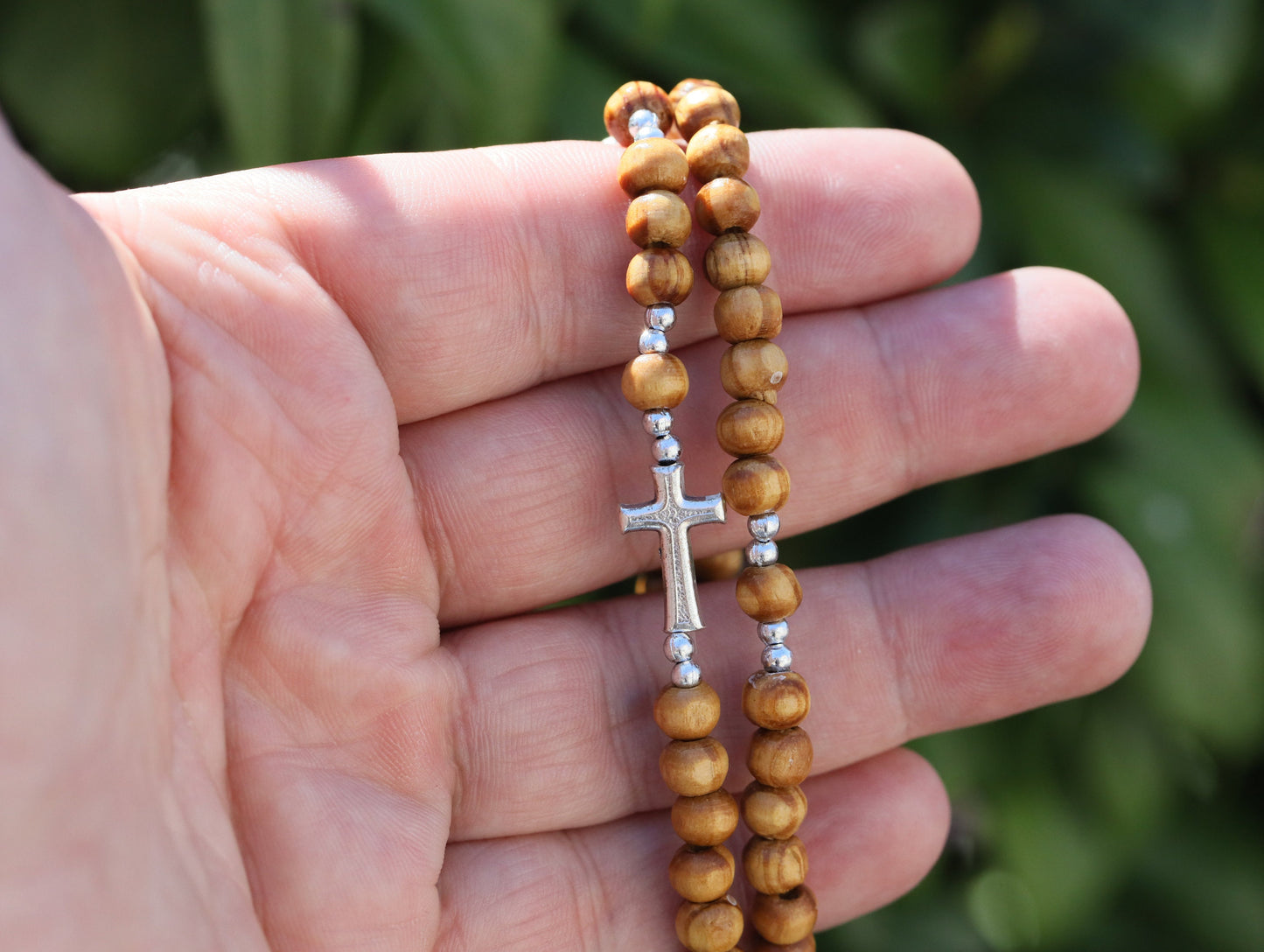 Pulsera rosario hecha a mano, rosario de muñeca, rosario de madera de olivo, pulsera rosario, rosario elástico, rosario ajustable, rosario hombre estirable