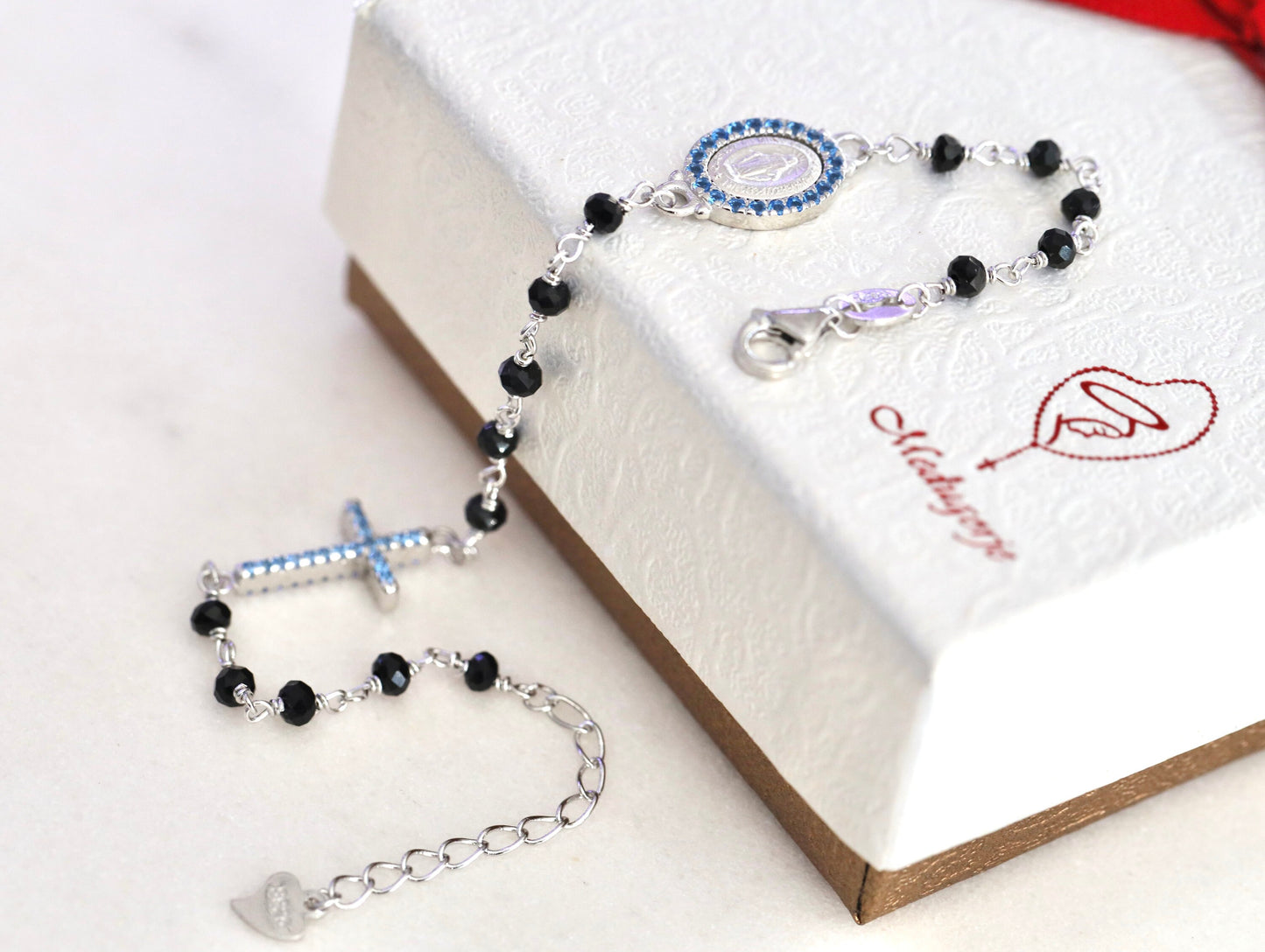 Pulsera de rosario de turmalina negra de plata de ley para mujer, pulsera de rosario delicado negro con Medalla Milagrosa, rosario de plata en miniatura