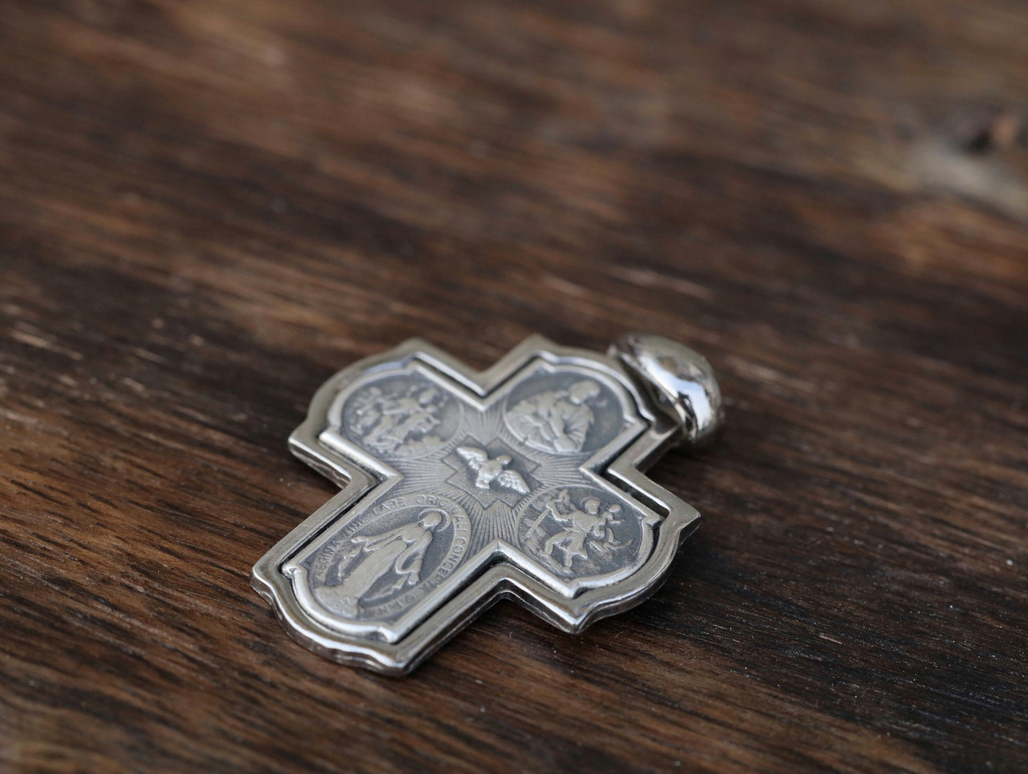Vier-Wege-Kreuz, Fünf-Wege-Kreuz, Sterlingsilber, 925er Sterlingsilberkreuz, Kreuz mit verängstigtem Herzen, Heiligem Geist, Jungfrau Maria, St. Christophorus