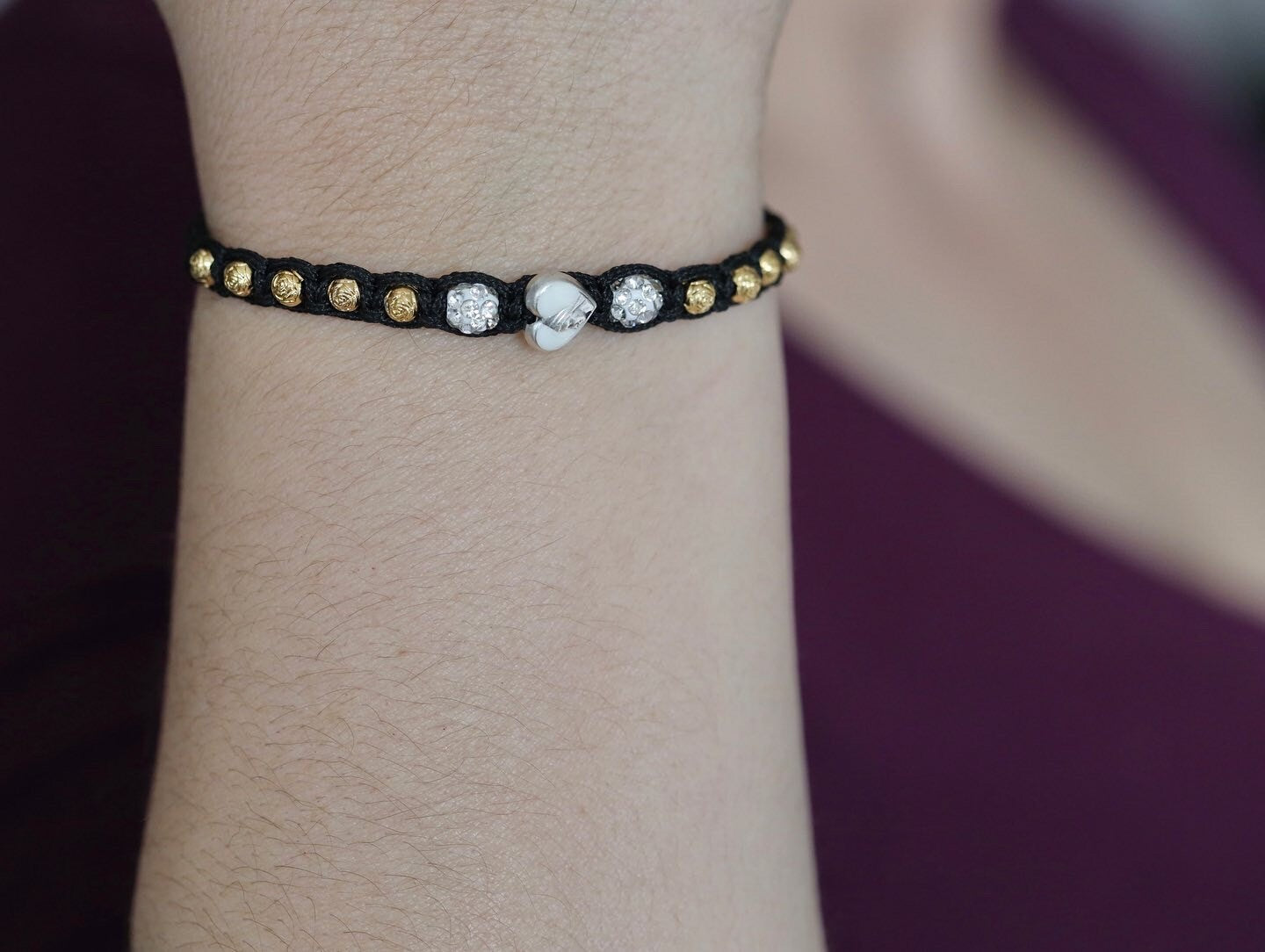 Pulsera de rosario, rosario de medalla de Medjugorje, rosario con rosas, pulsera de rosario de cordón negro, pulsera llena de oro, rosario de una década hecho a mano