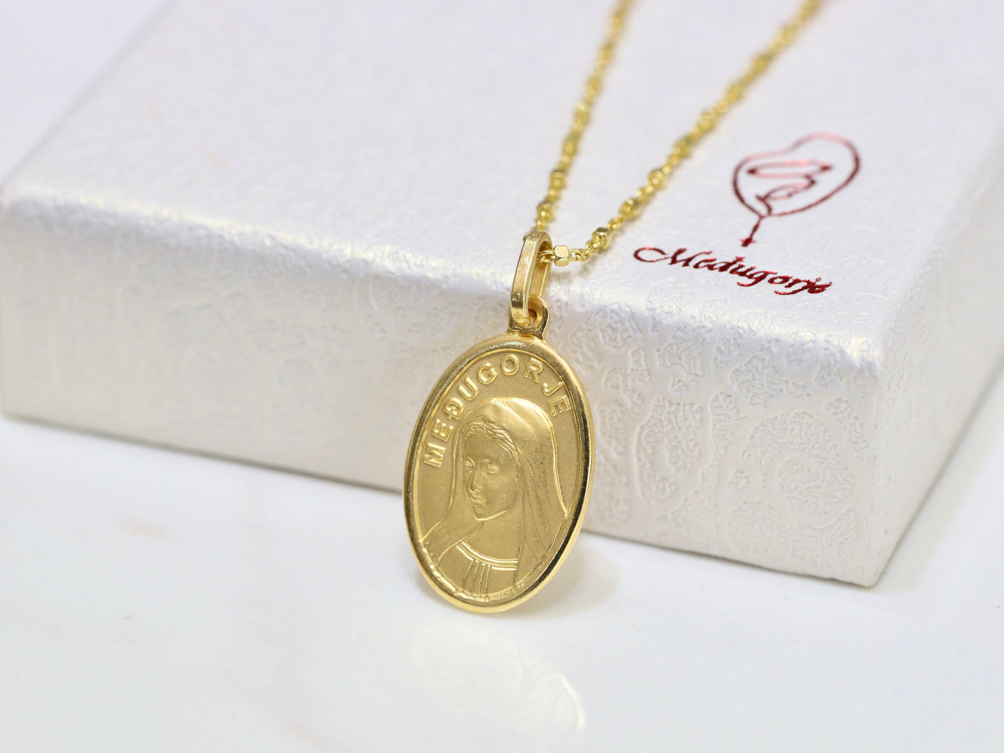 Medjugorje pendant, Queen of Peace pendant, gold filled Virgin Mary pendant 20 mm pendant of Virgin Mary of Medjugorje, 18 inch necklace