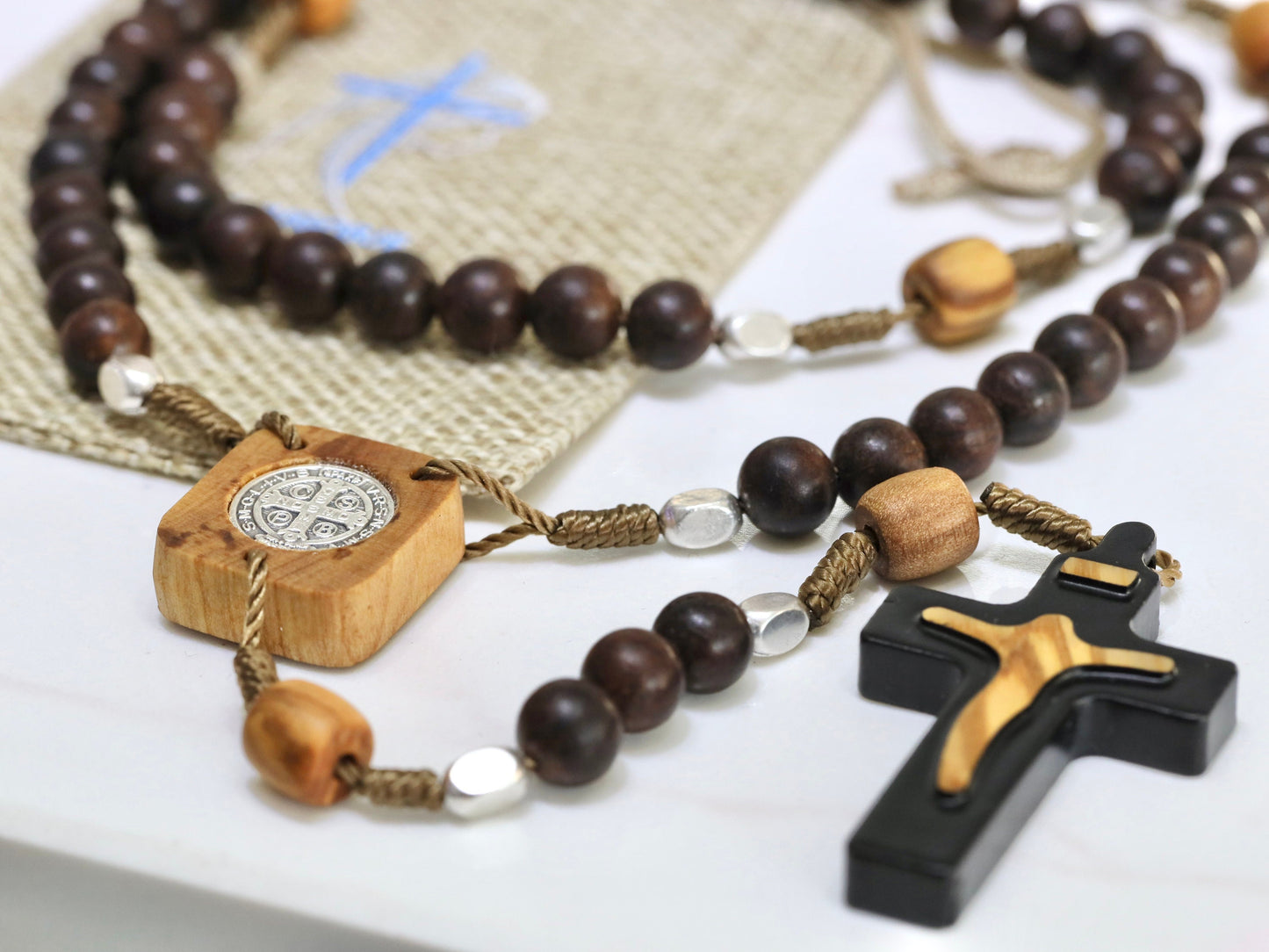 Wooden rosary, handmade St Benedict medal rosary,Risen Christ crucifix , Ebony and olive wood rosary, Medjugorje rosary, black rosary beads