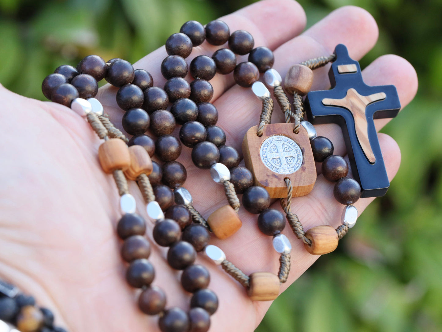 Wooden rosary, handmade St Benedict medal rosary,Risen Christ crucifix , Ebony and olive wood rosary, Medjugorje rosary, black rosary beads