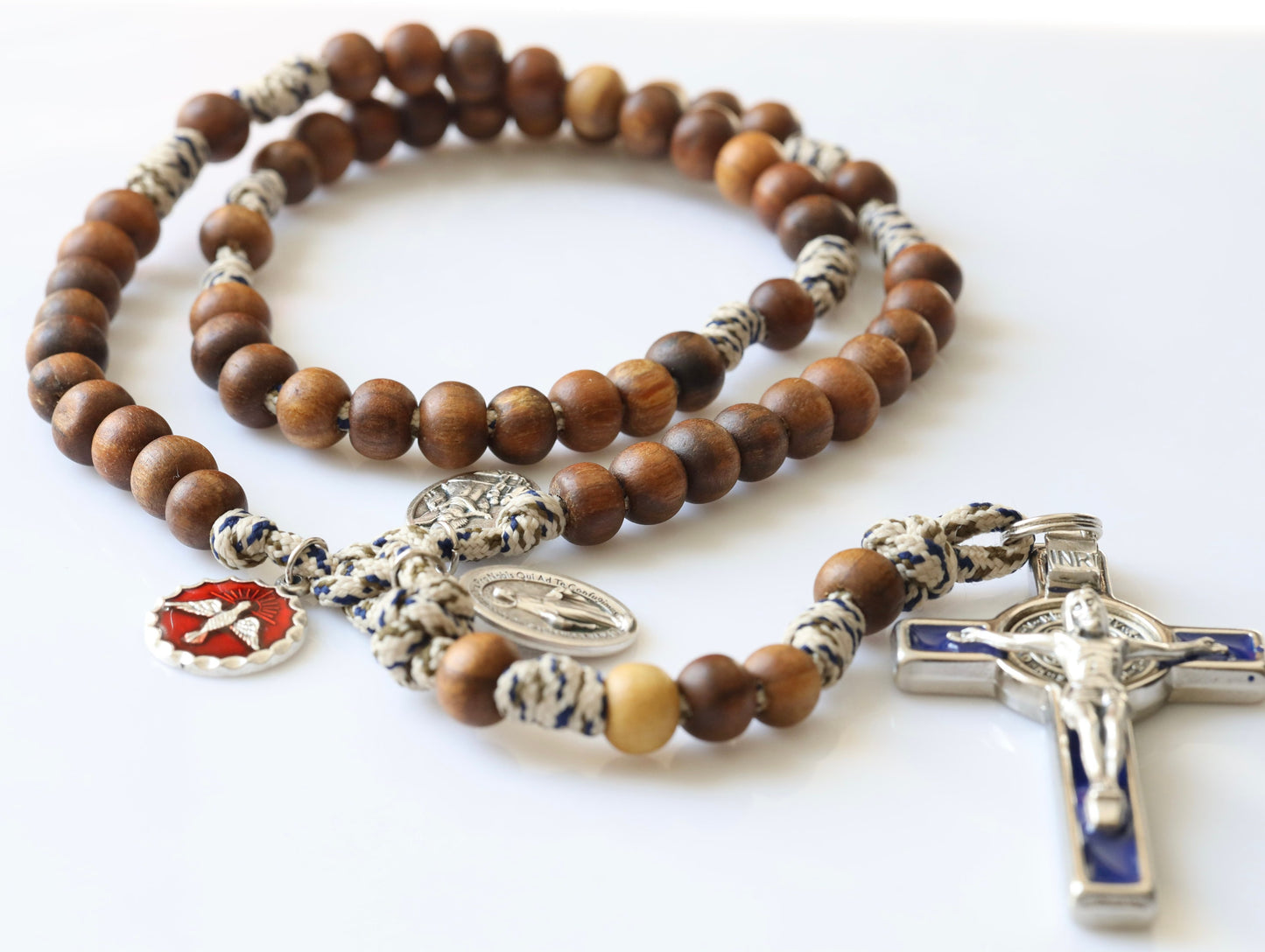 Wooden rosary beads, paracord wooden rosary, Saint Benedict cross rosary beads,Holy Spirit, Miraculous Medal, St Michael, warrior rosary
