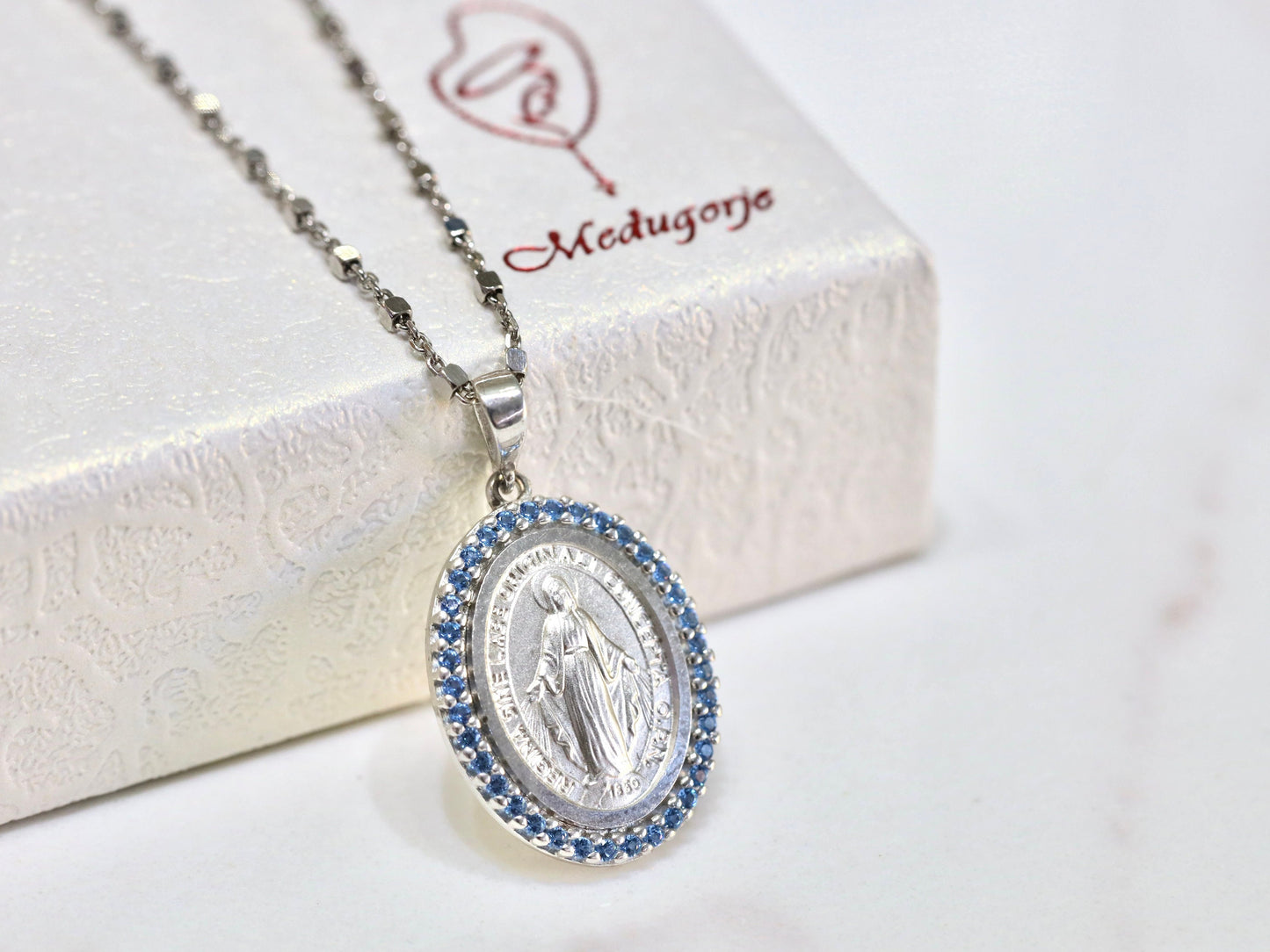 Medalla Milagrosa de plata de ley 925 con piedras, colgante Nuestra Señora de Gracia, collar Medjugorje, joyería fina collar Señora de Gracia