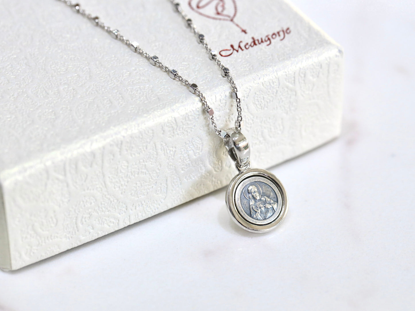 Miniatur-Skapulier-Medaille, Herz-Jesu-Medaille, Medaille Unserer Lieben Frau vom Karmel, braunes Skapulier, Skapulier-Halskette, Silber 925 Skapulier-Anhänger