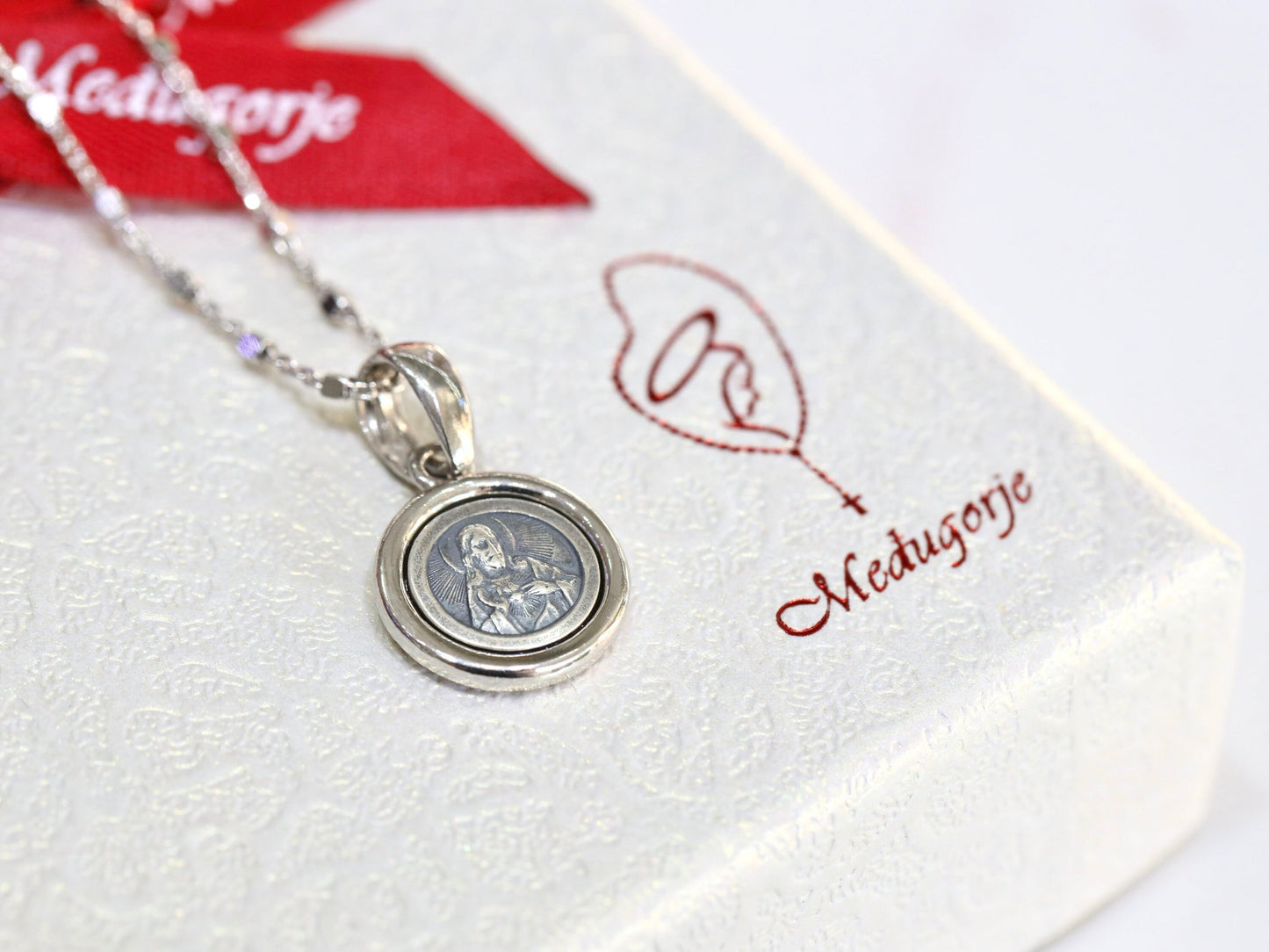 Miniatur-Skapulier-Medaille, Herz-Jesu-Medaille, Medaille Unserer Lieben Frau vom Karmel, braunes Skapulier, Skapulier-Halskette, Silber 925 Skapulier-Anhänger