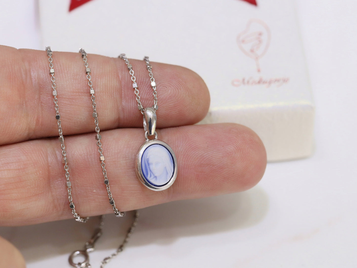 Medjugorje medal, miniature medal of Queen of Pece, sterling silver miniature cameo medal, Virgin Mary dainty necklace, minimalist pendant