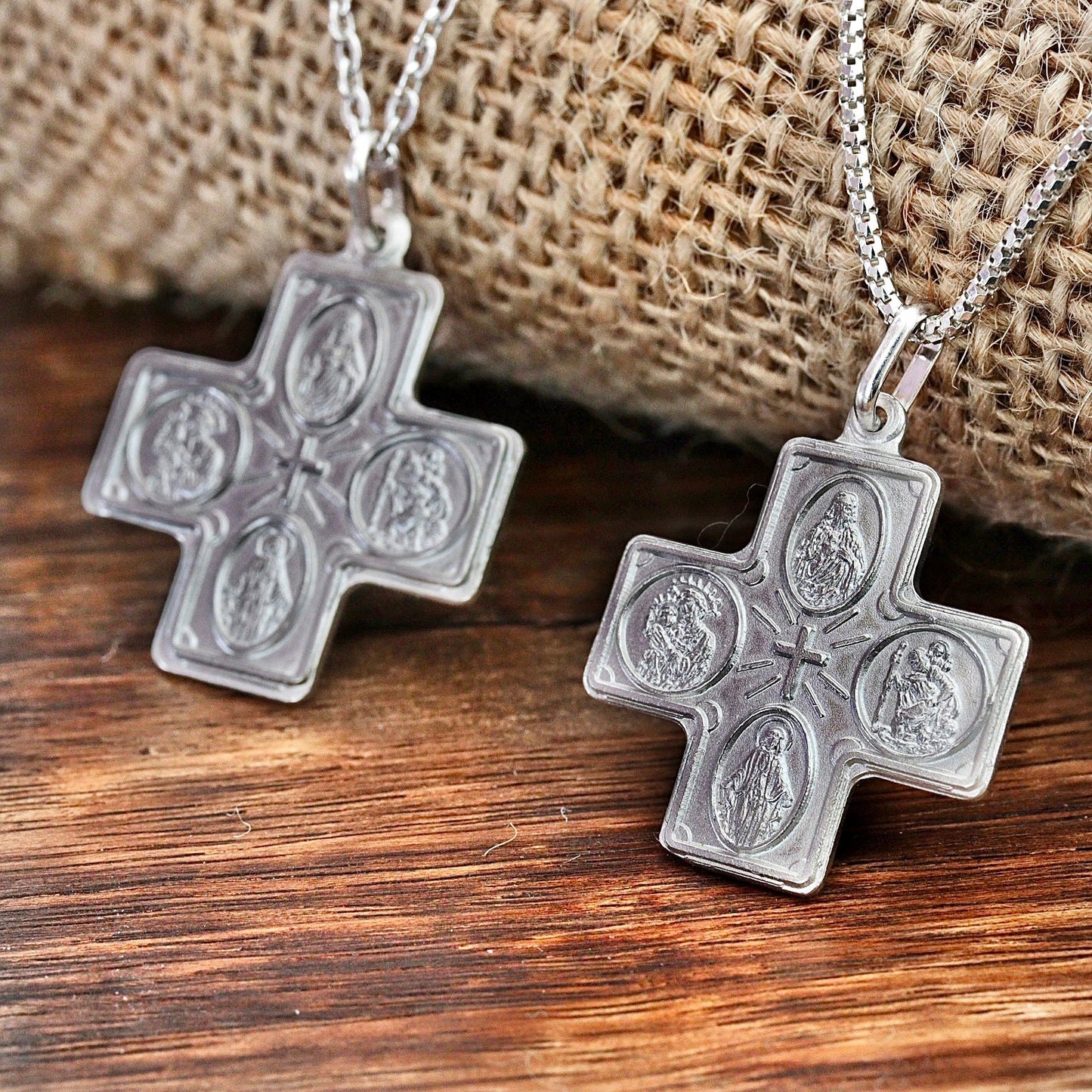 Four way cross, 4way medal. Sterling silver 925 cross, cross with St Joseph Virgin Mary Sacred Heart St Christopher and Miraculous Medal