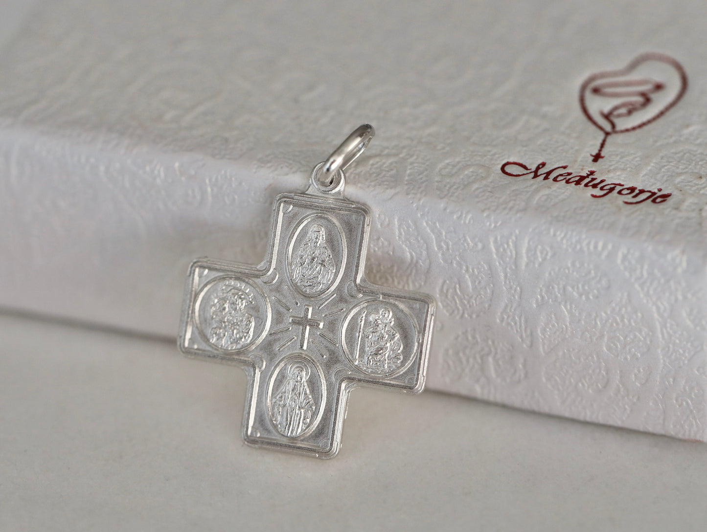 Four way cross, 4way medal. Sterling silver 925 cross, cross with St Joseph Virgin Mary Sacred Heart St Christopher and Miraculous Medal
