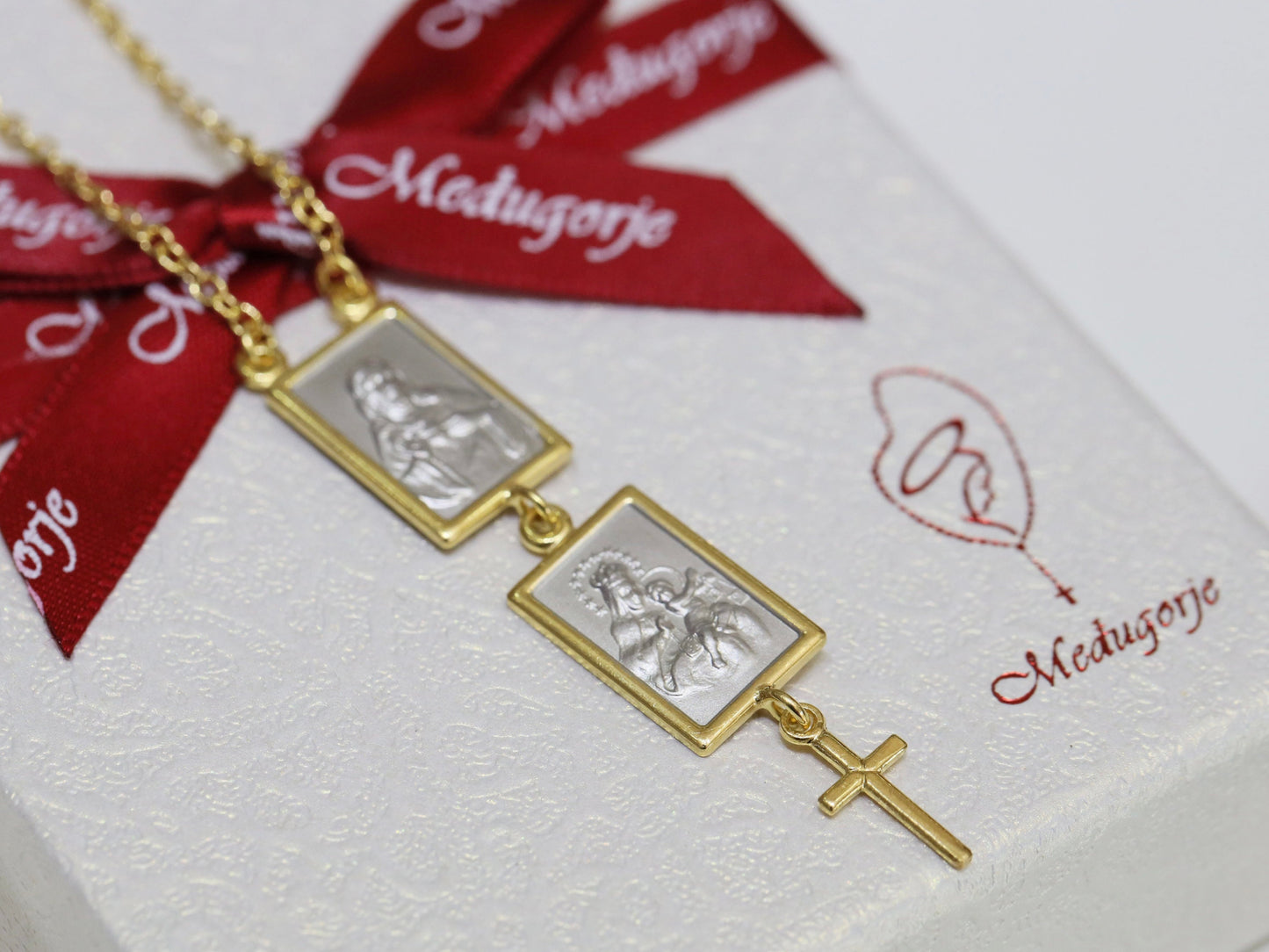 Collar escapulario de dos tonos, collar escapulario chapado en oro de plata de primera ley 925, collar de plata del Sagrado Corazón de Jesús y Nuestra Señora del Monte Carmelo