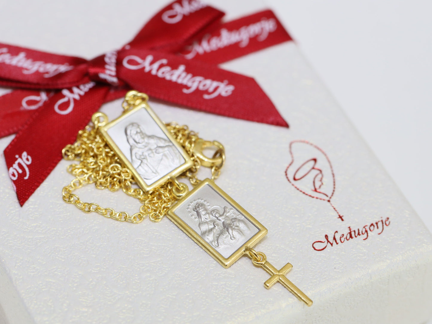 Collar escapulario de dos tonos, collar escapulario chapado en oro de plata de primera ley 925, collar de plata del Sagrado Corazón de Jesús y Nuestra Señora del Monte Carmelo