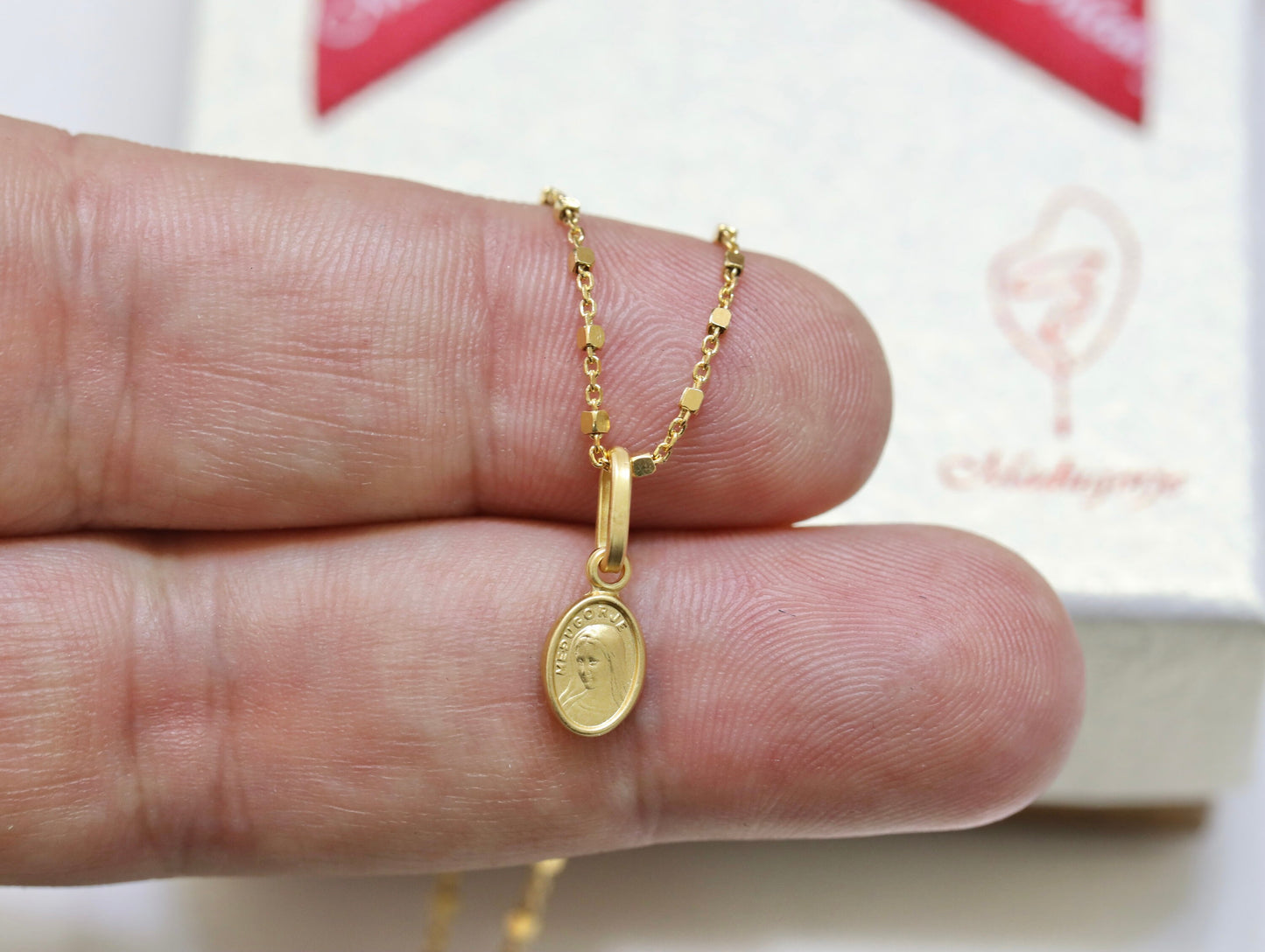 Miniature Medjugorje gold plated sterling silver medal necklace,necklace pendant with dainty medal of Our Lady of Medjugorje, Queen of Peace