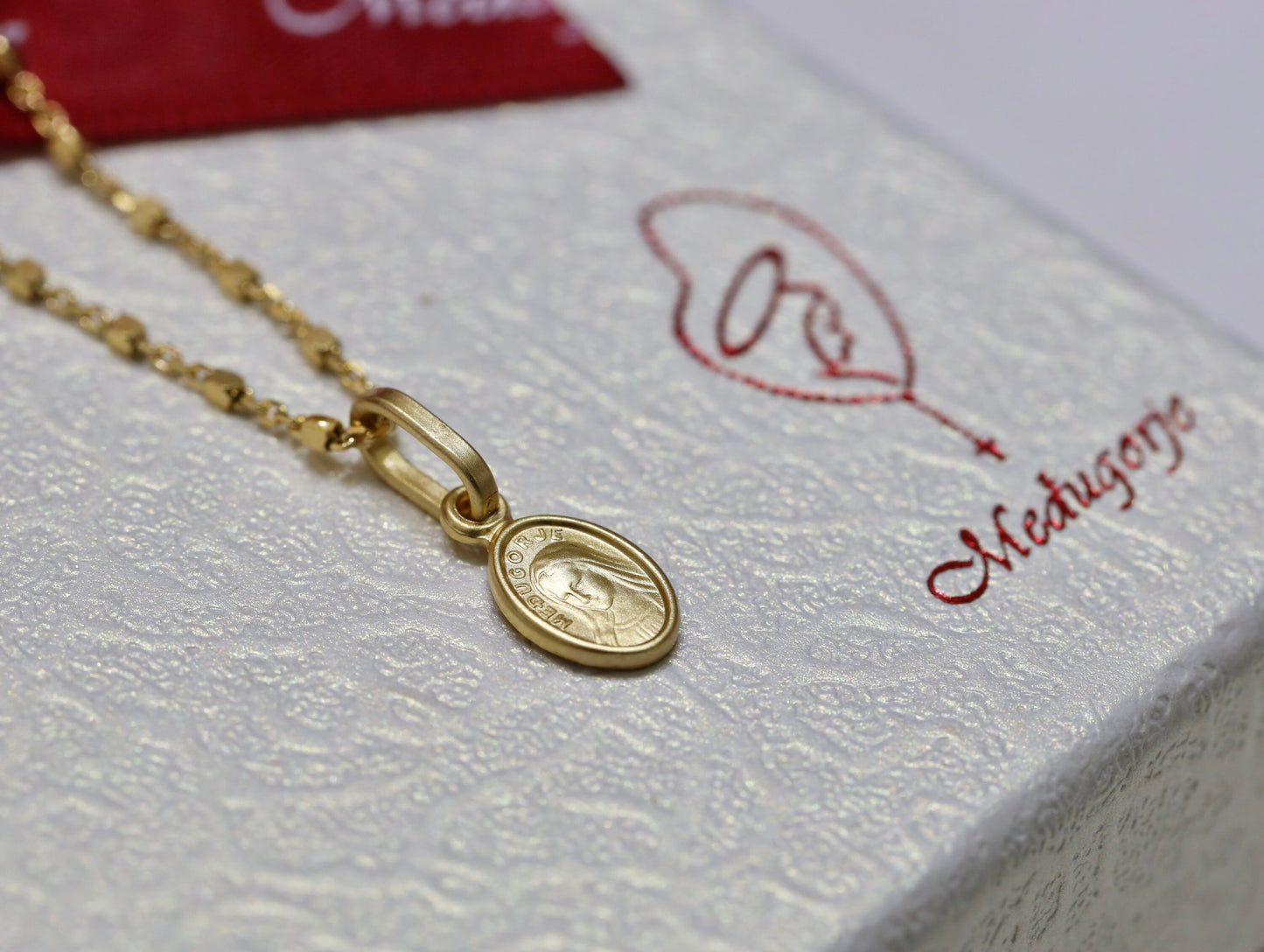 Miniature Medjugorje gold plated sterling silver medal necklace,necklace pendant with dainty medal of Our Lady of Medjugorje, Queen of Peace