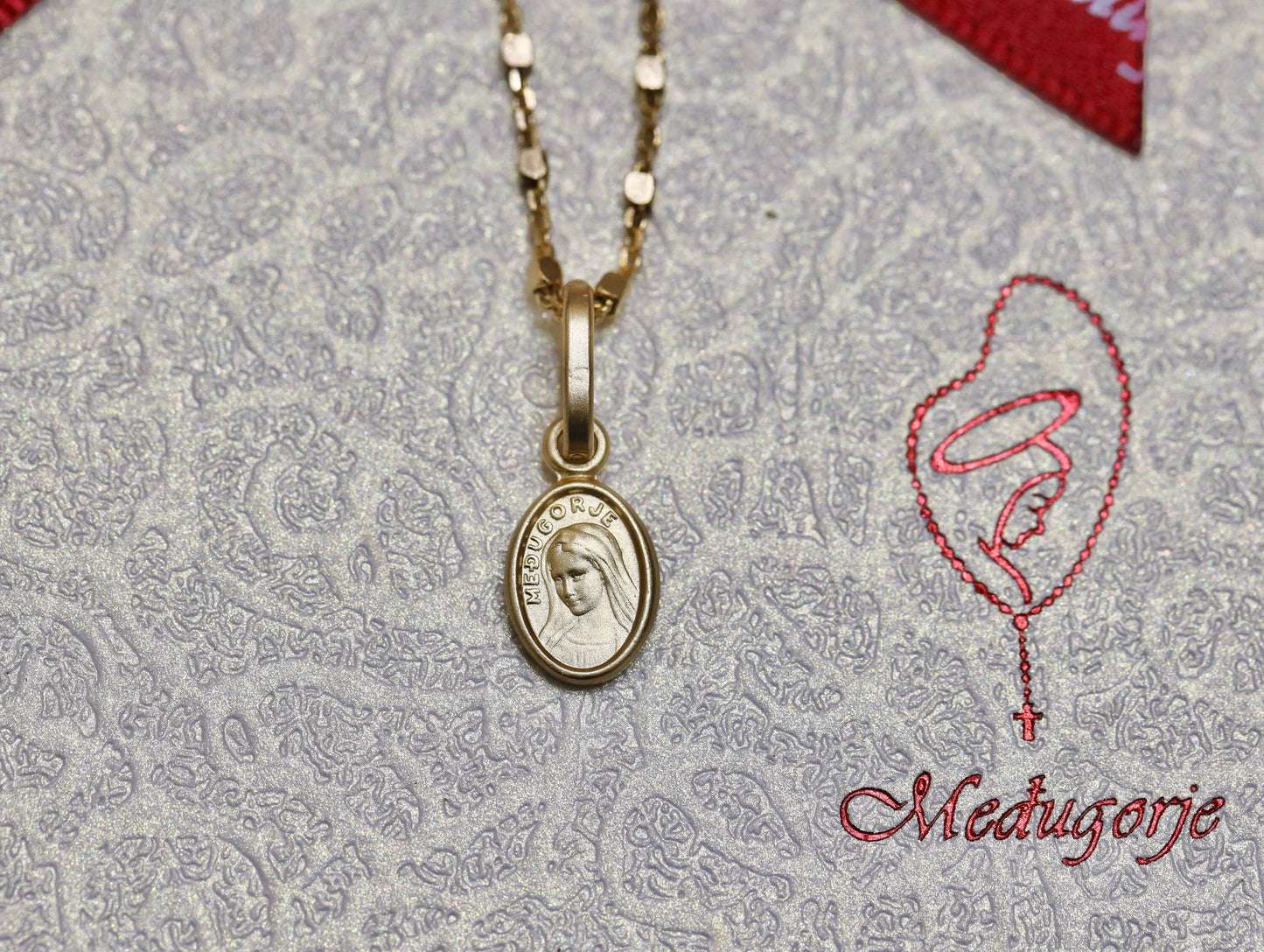 Miniature Medjugorje gold plated sterling silver medal necklace,necklace pendant with dainty medal of Our Lady of Medjugorje, Queen of Peace