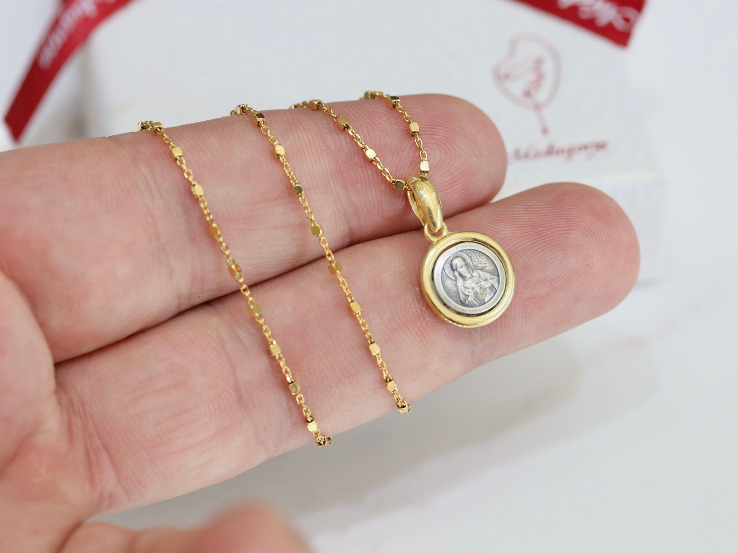 Dainty Scapular medal, Our Lady of Mt Carmel, Sacred heart of Jesus medal, sterling silver 925 pendant, gold plated, round vintage silver