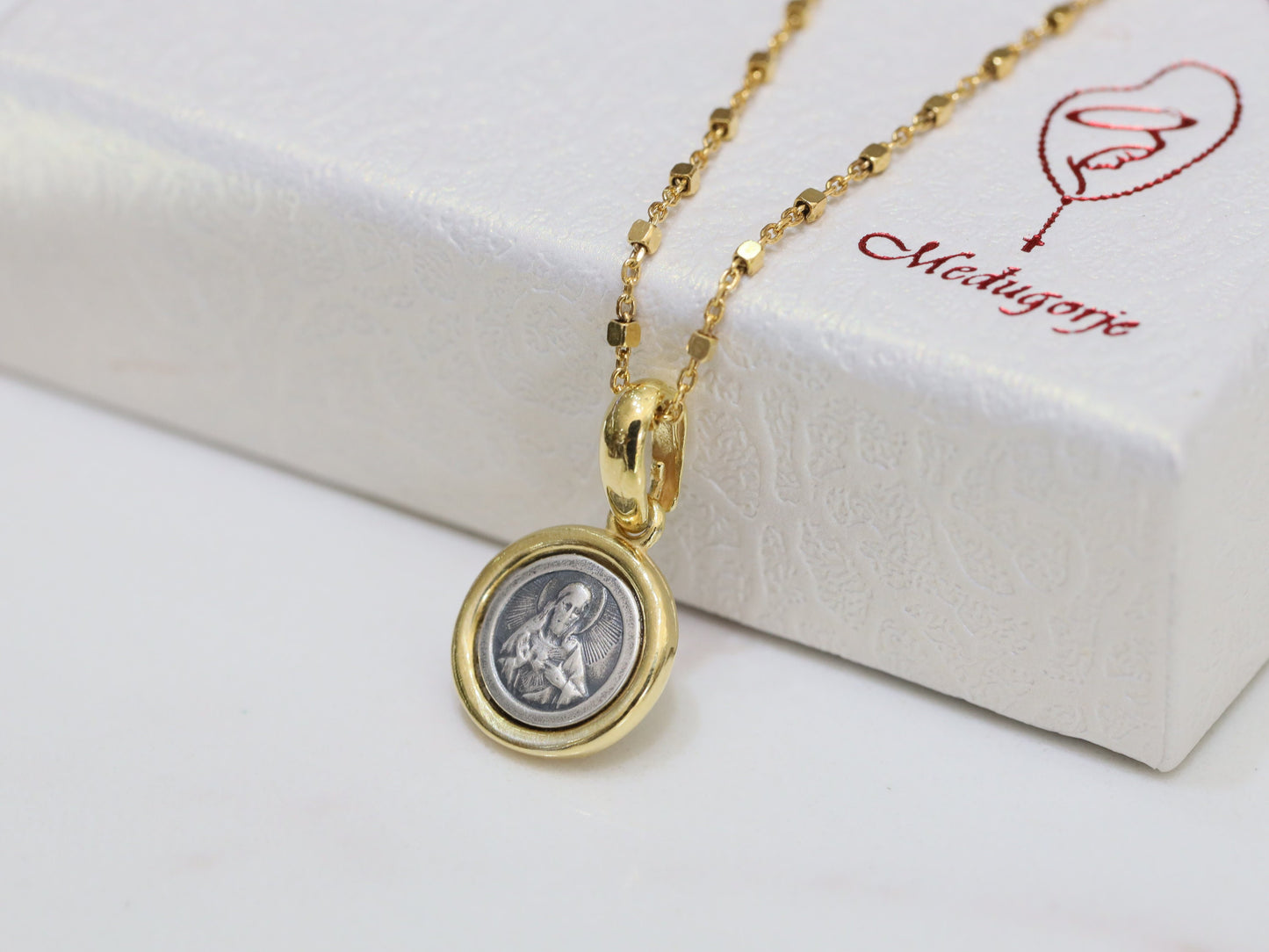 Dainty Scapular medal, Our Lady of Mt Carmel, Sacred heart of Jesus medal, sterling silver 925 pendant, gold plated, round vintage silver