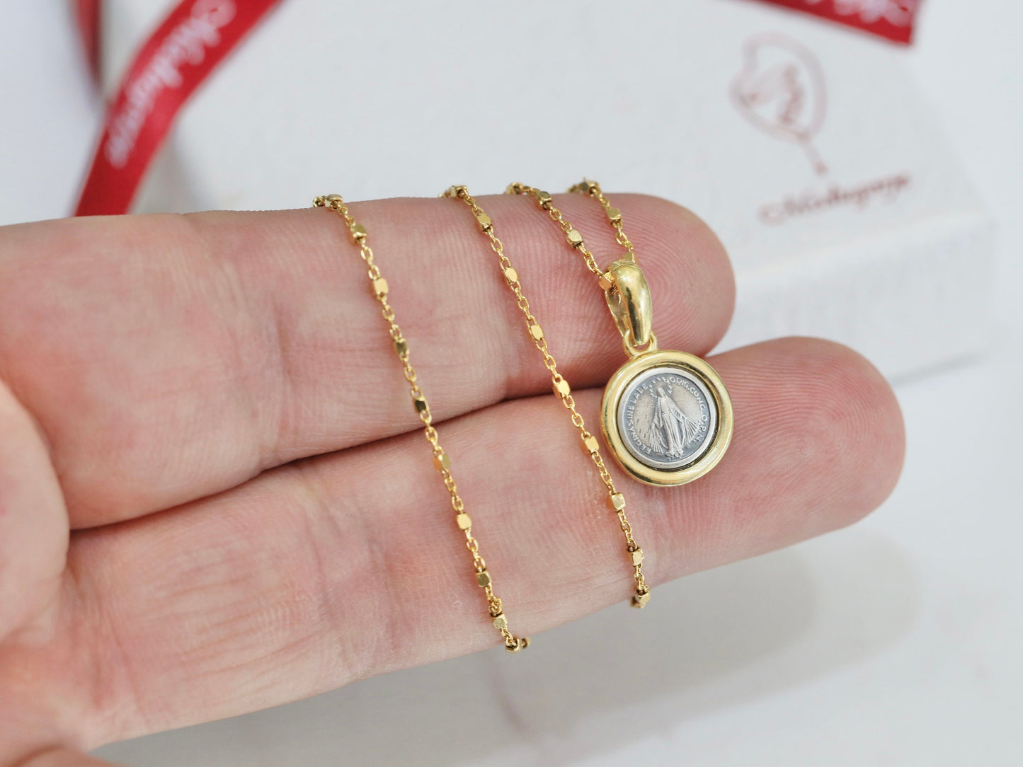 Dainty Miraculous Medal, minimalist medal of Our Lady of Grace, Small round Virgin Mary pendant, vintage sterling silver 925 gold plated,