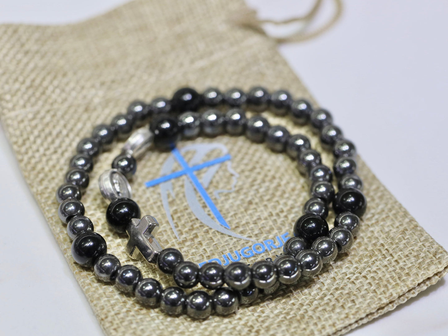 Saint Benedict bracelet, full rosary bracelet, St Benedict bracelet for man, elastic rosary bracelet, five decade rosary hematite bracelet