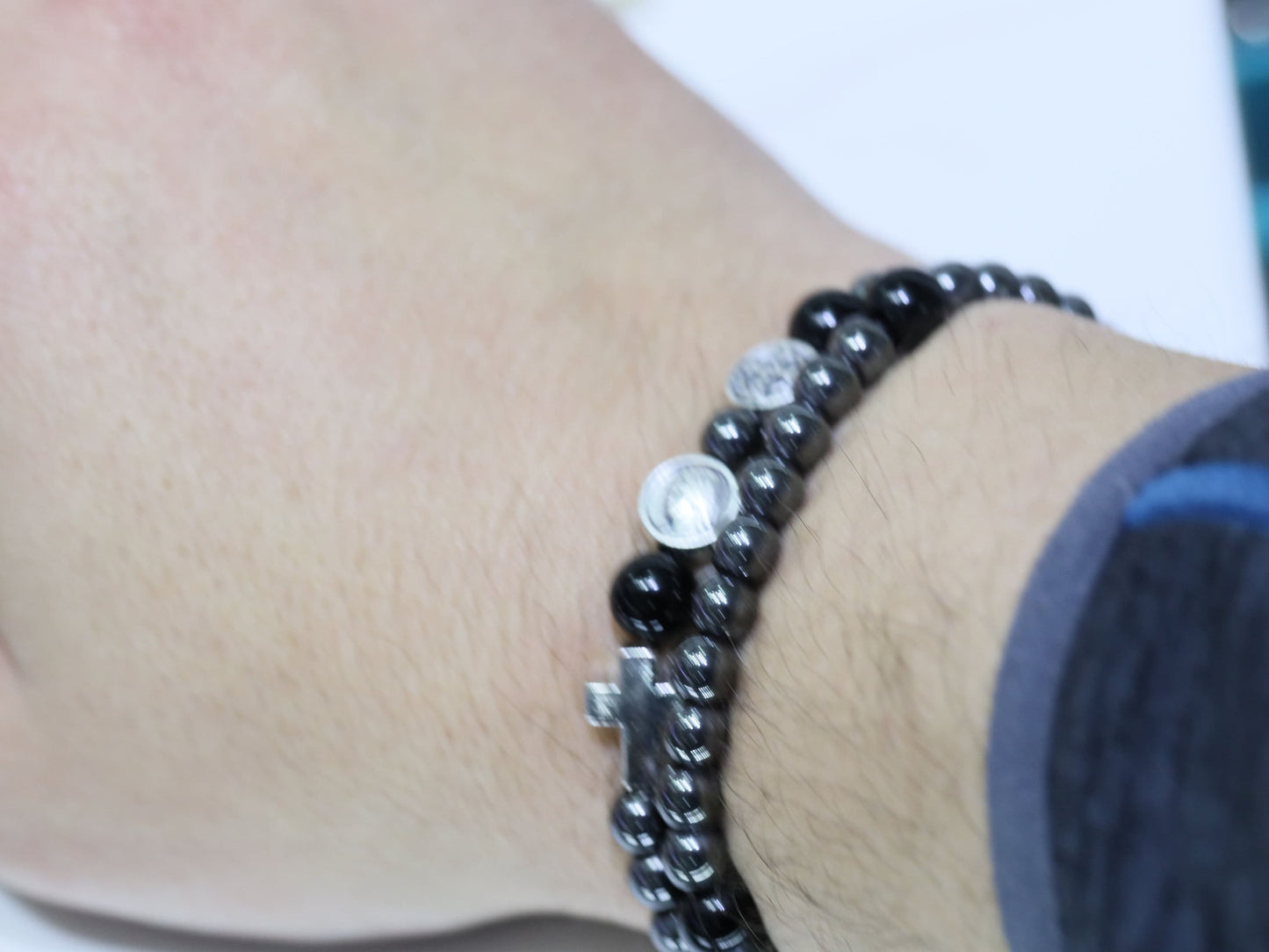 Saint Benedict bracelet, full rosary bracelet, St Benedict bracelet for man, elastic rosary bracelet, five decade rosary hematite bracelet