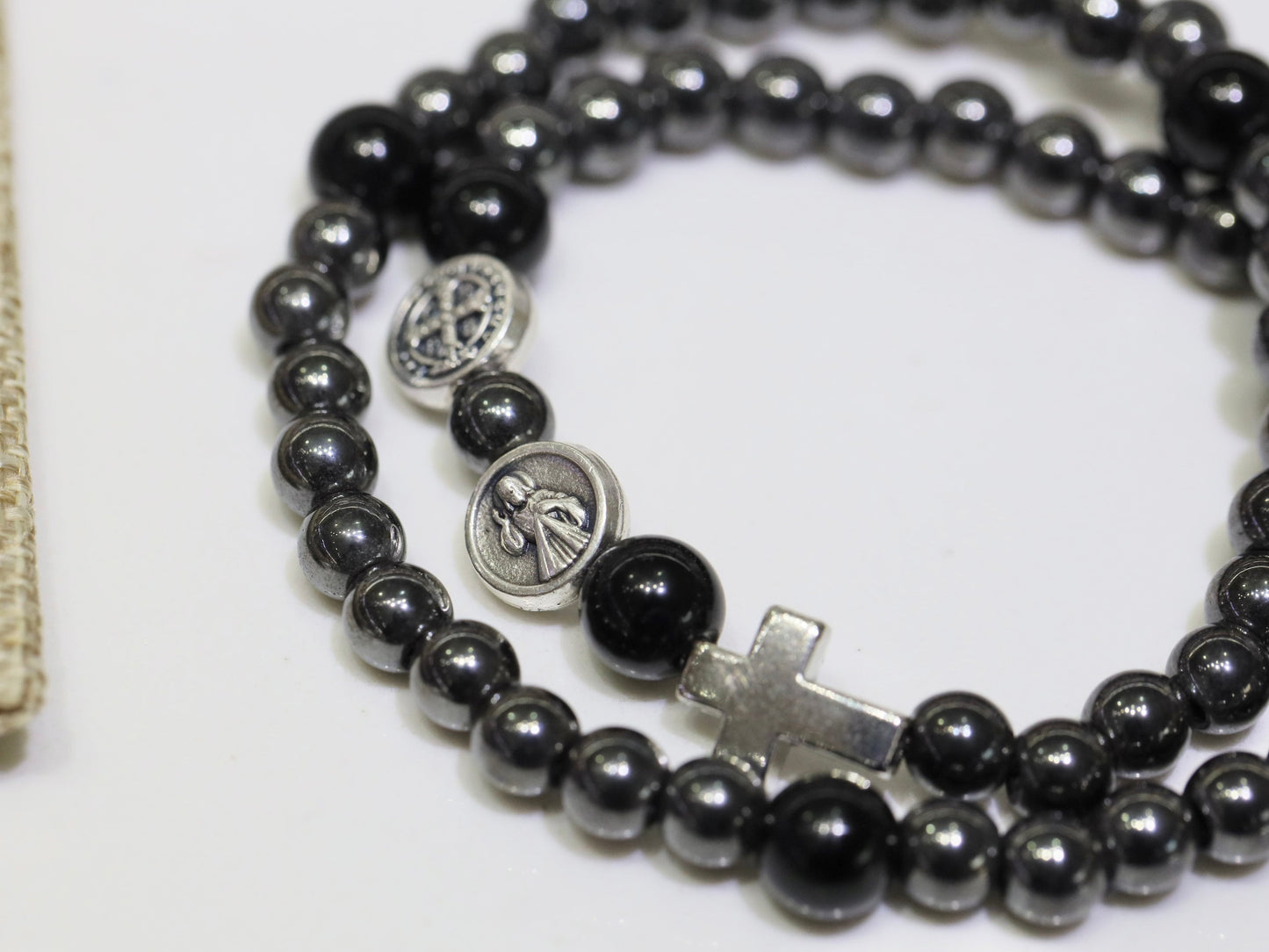 Saint Benedict bracelet, full rosary bracelet, St Benedict bracelet for man, elastic rosary bracelet, five decade rosary hematite bracelet