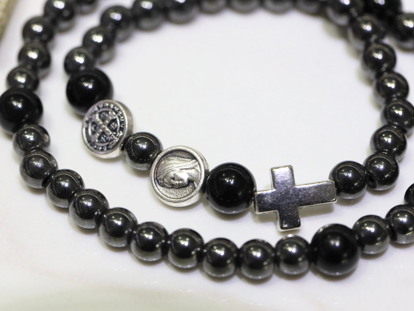 Saint Benedict bracelet, full rosary bracelet, St Benedict bracelet for man, elastic rosary bracelet, five decade rosary hematite bracelet