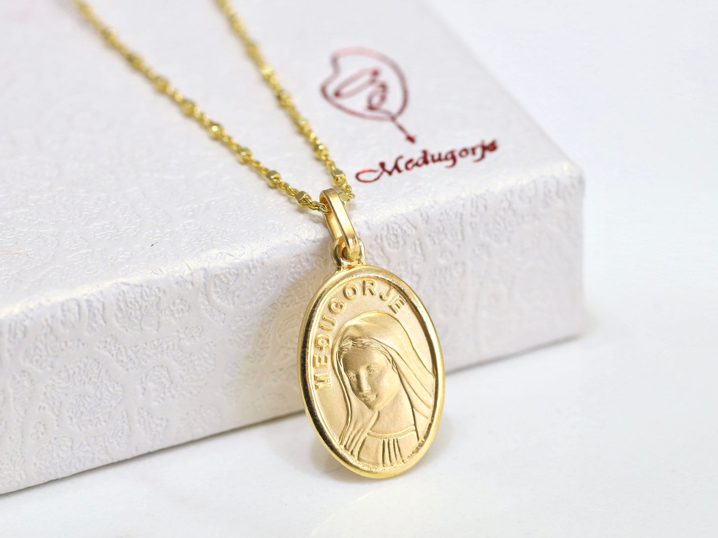 Medjugorje pendant, Queen of Peace pendant, gold filled Virgin Mary pendant 20 mm pendant of Virgin Mary of Medjugorje, 18 inch necklace