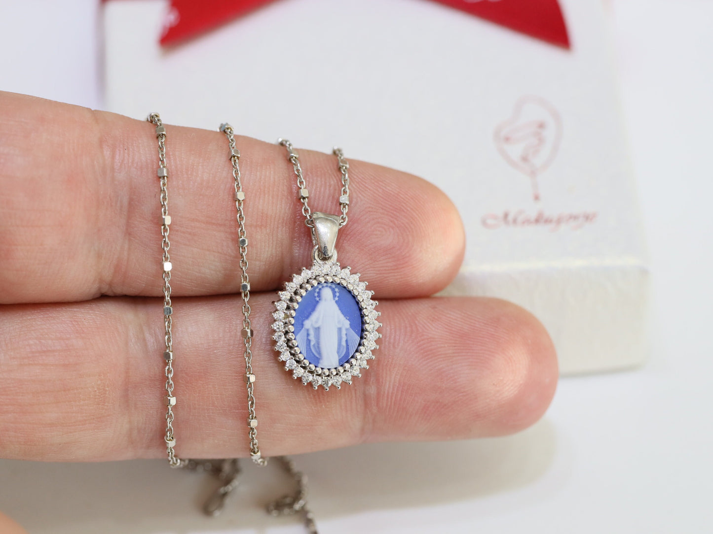 Collar colgante de Nuestra Señora de Gracia, colgante de cameo de la Virgen María, colgante de cameo de plata de ley 925 de Nuestra Señora, pequeña medalla de cameo de la Virgen María