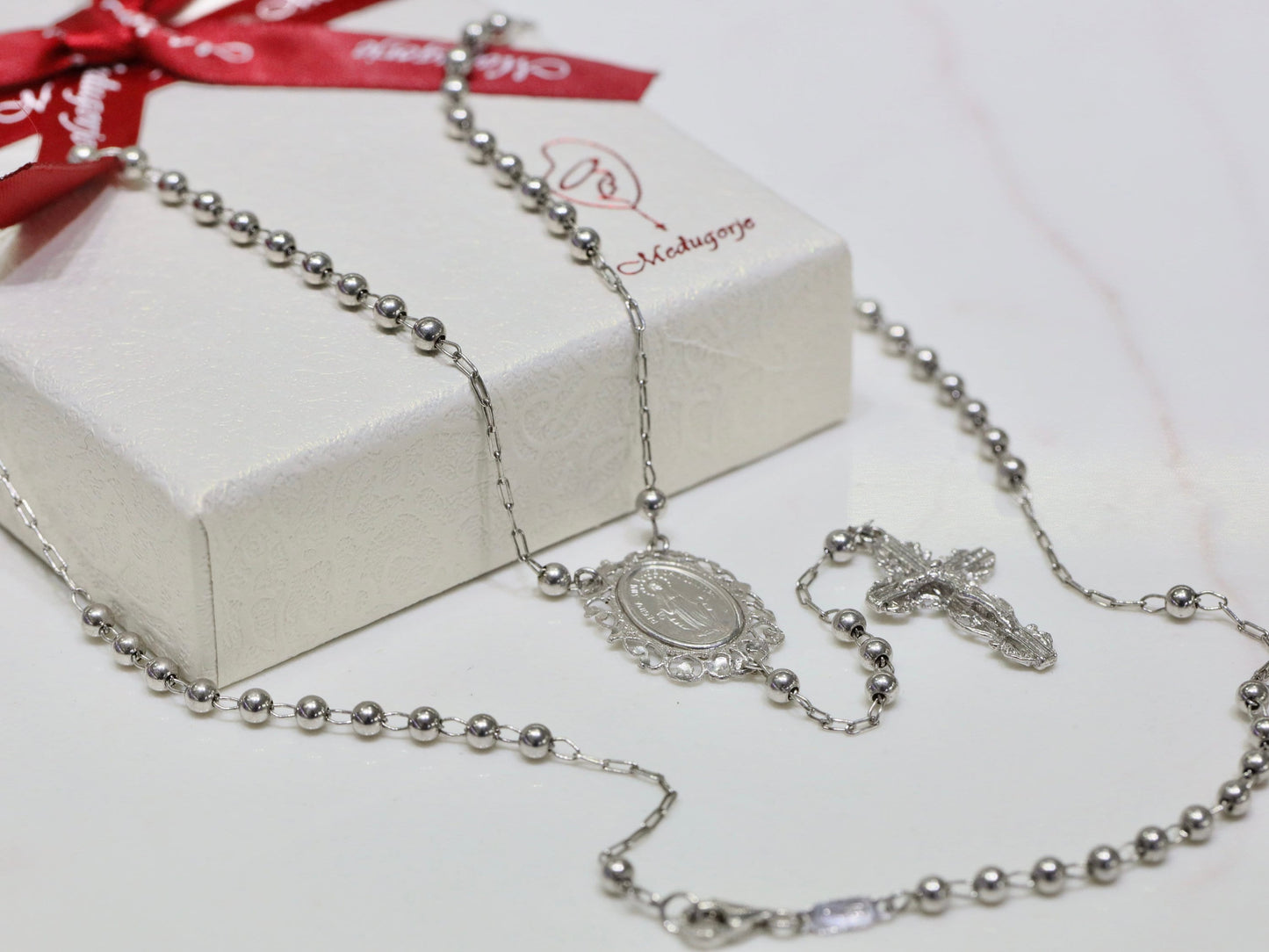 Collar de rosario de filigrana de Medalla Milagrosa de plata de ley, cuentas de rosario de filigrana para dama, rosario de plata de Nuestra Señora de Gracia con medalla de filigrana