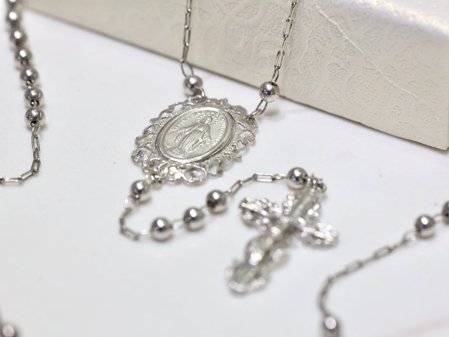 Collar de rosario de filigrana de Medalla Milagrosa de plata de ley, cuentas de rosario de filigrana para dama, rosario de plata de Nuestra Señora de Gracia con medalla de filigrana