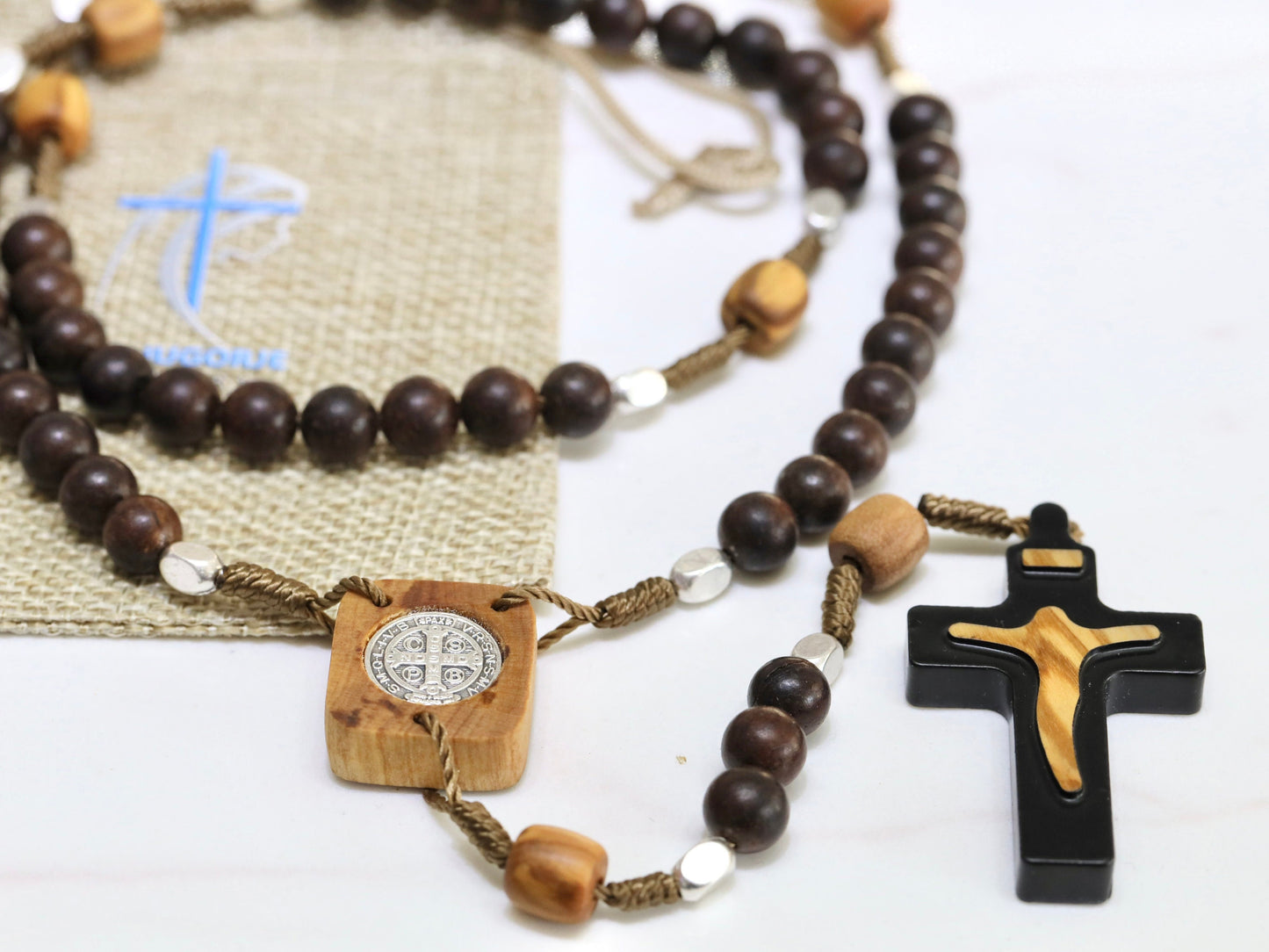 Wooden rosary, handmade St Benedict medal rosary,Risen Christ crucifix , Ebony and olive wood rosary, Medjugorje rosary, black rosary beads