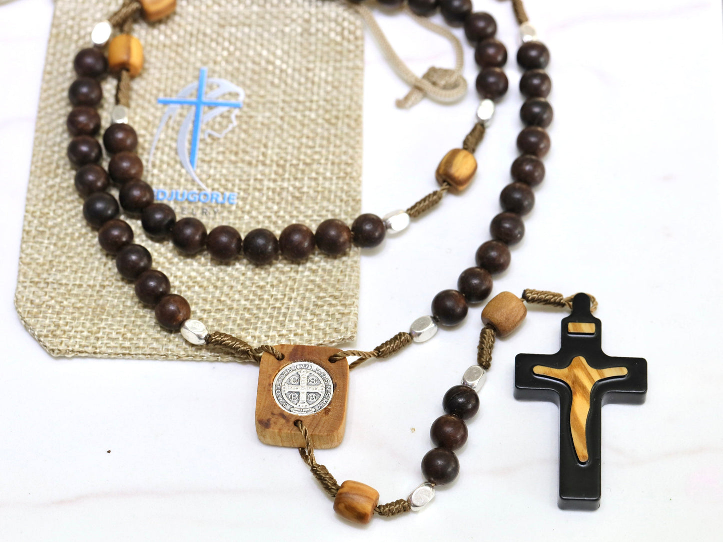 Wooden rosary, handmade St Benedict medal rosary,Risen Christ crucifix , Ebony and olive wood rosary, Medjugorje rosary, black rosary beads