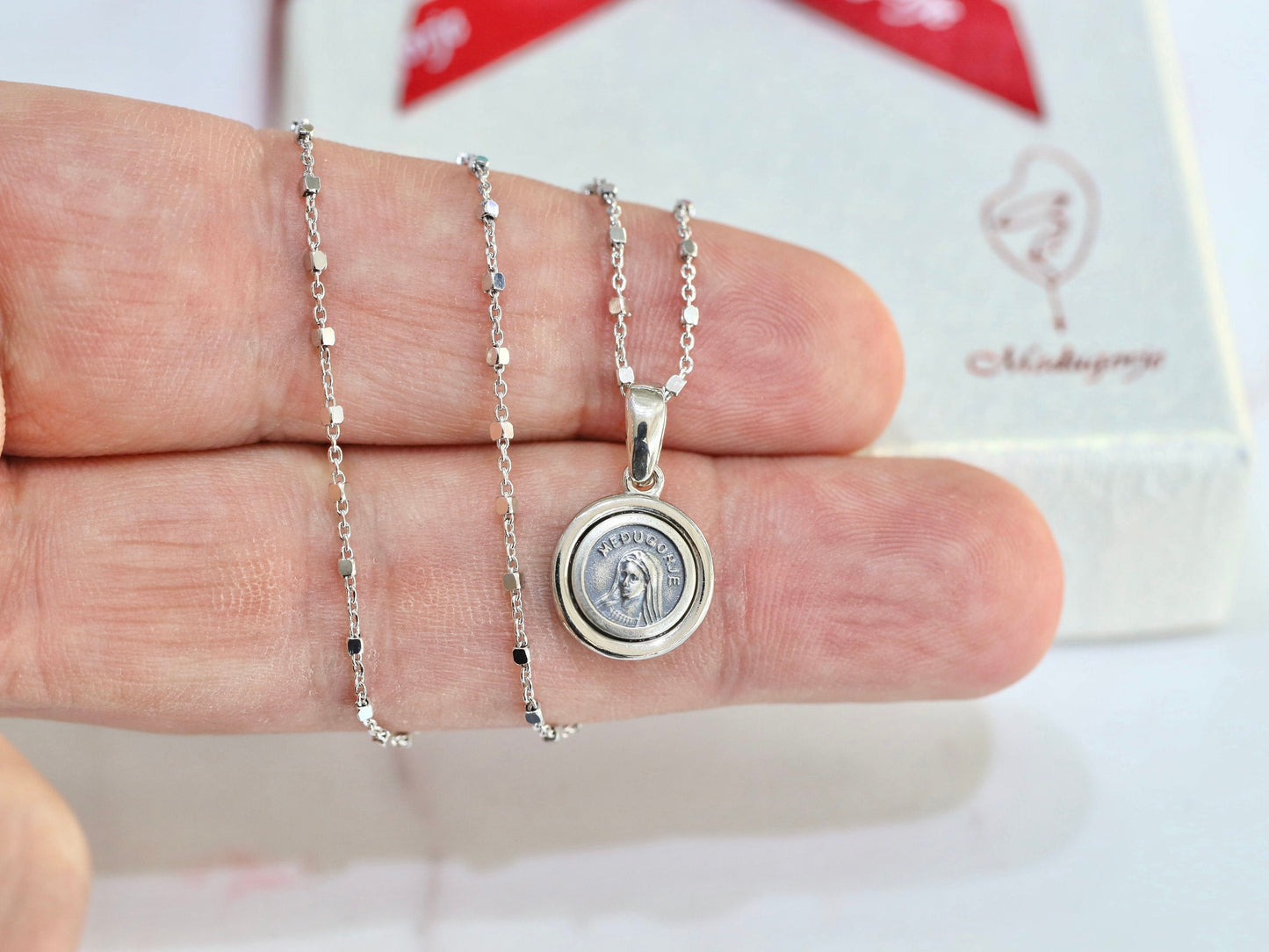 Miniature Medjugorje medal,Queen of Peace minimalist medal, sterling silver 925 Our Lady pendant, Virgin Mary dainty necklace pendant