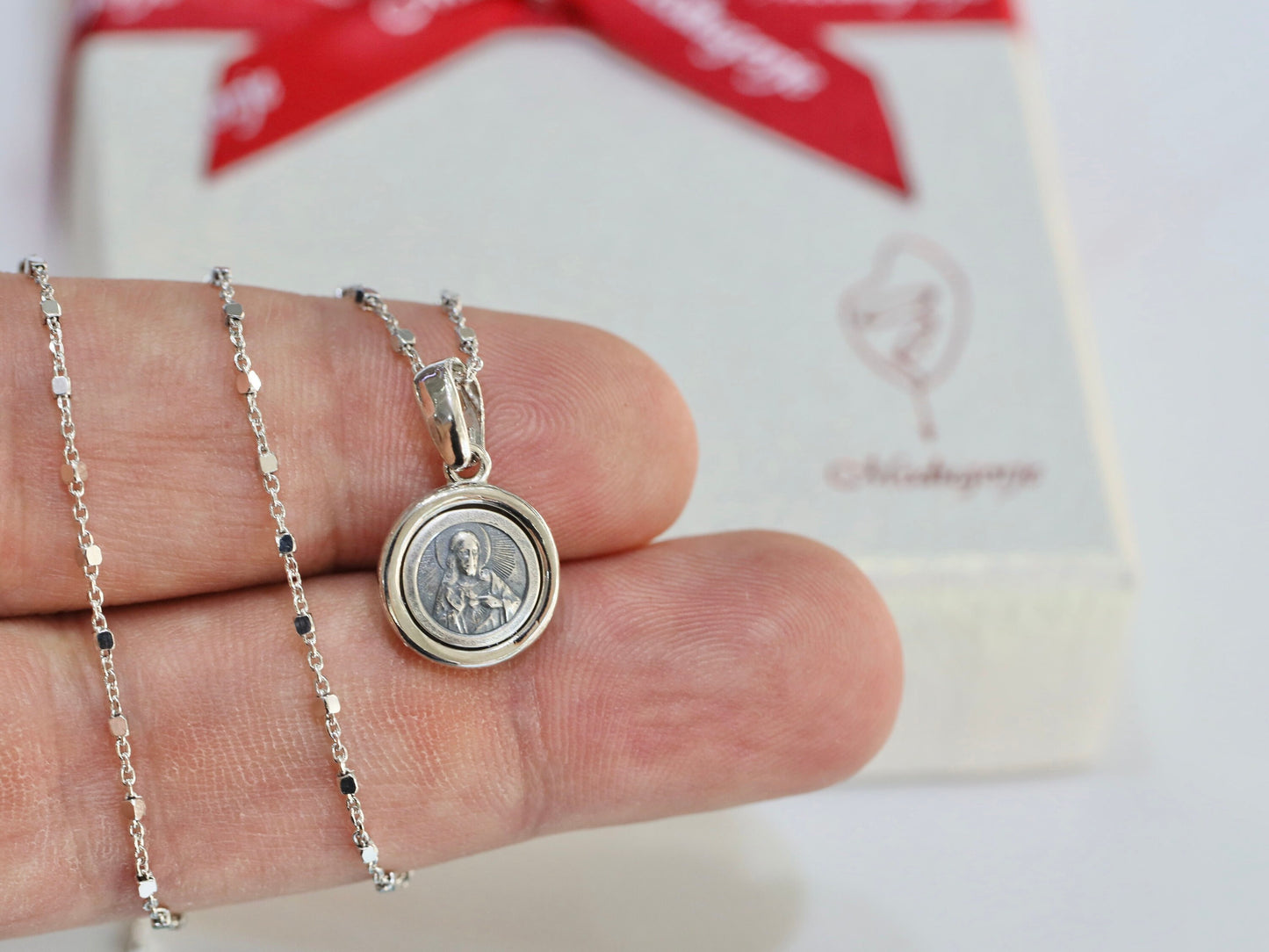 Miniatur-Skapulier-Medaille, Herz-Jesu-Medaille, Medaille Unserer Lieben Frau vom Karmel, braunes Skapulier, Skapulier-Halskette, Silber 925 Skapulier-Anhänger