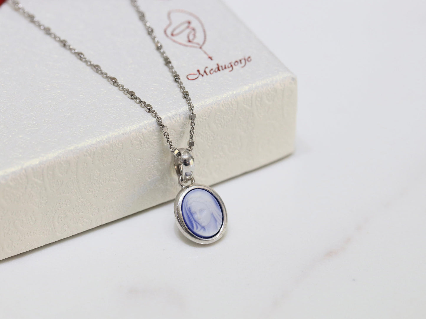 Medjugorje medal, miniature medal of Queen of Pece, sterling silver miniature cameo medal, Virgin Mary dainty necklace, minimalist pendant