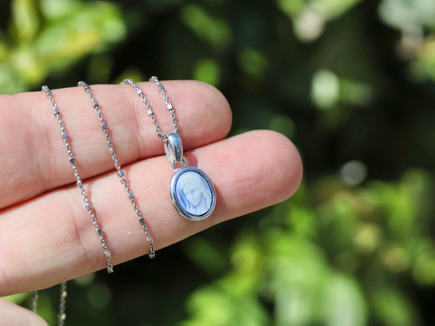 Medjugorje medal, miniature medal of Queen of Pece, sterling silver miniature cameo medal, Virgin Mary dainty necklace, minimalist pendant