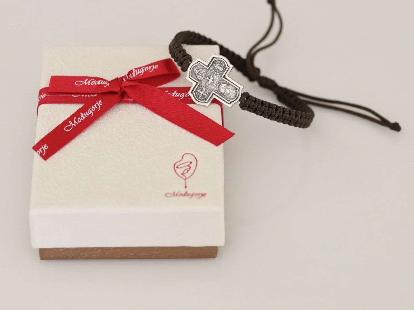 Cruz de cuatro vías de plata de ley, pulsera cruzada, San Benito, Espíritu Santo, Sagrado Corazón de Jesús, pulsera escapularia de Medjugorje, pulsera de hombre