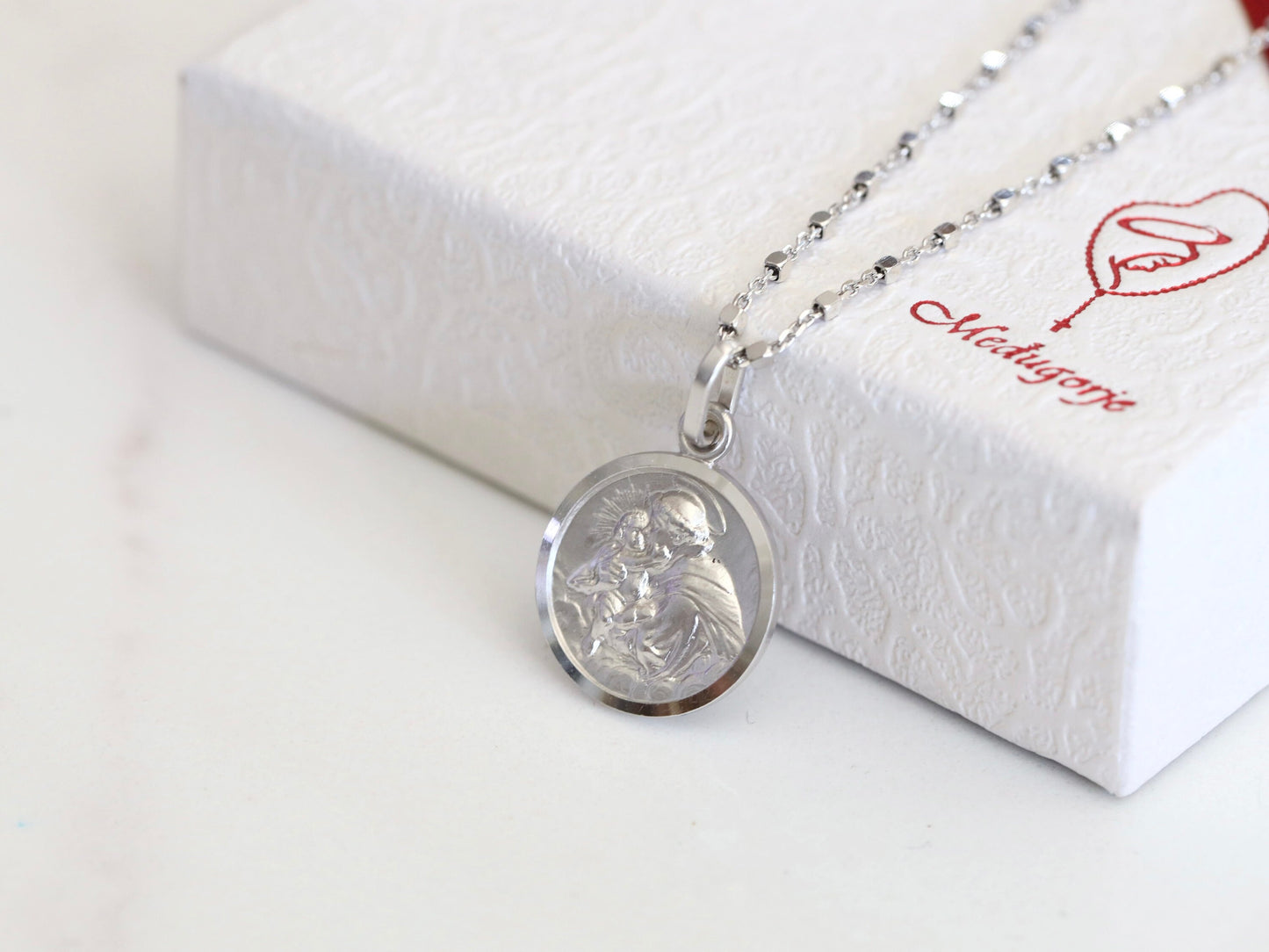Colgante de plata de primera ley de San Antonio de Padua, medalla redonda de San Antonio, collar de santo católico, collar de Medjugorje, regalo de comunión