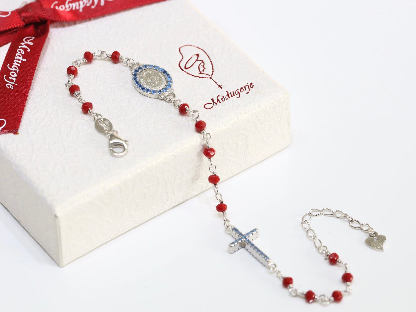 Pulsera rosario rojo, rosario plata de ley 925, regalo para mujer, pulsera con Medalla Milagrosa, pulsera coral rojo, rosario delicado para niña