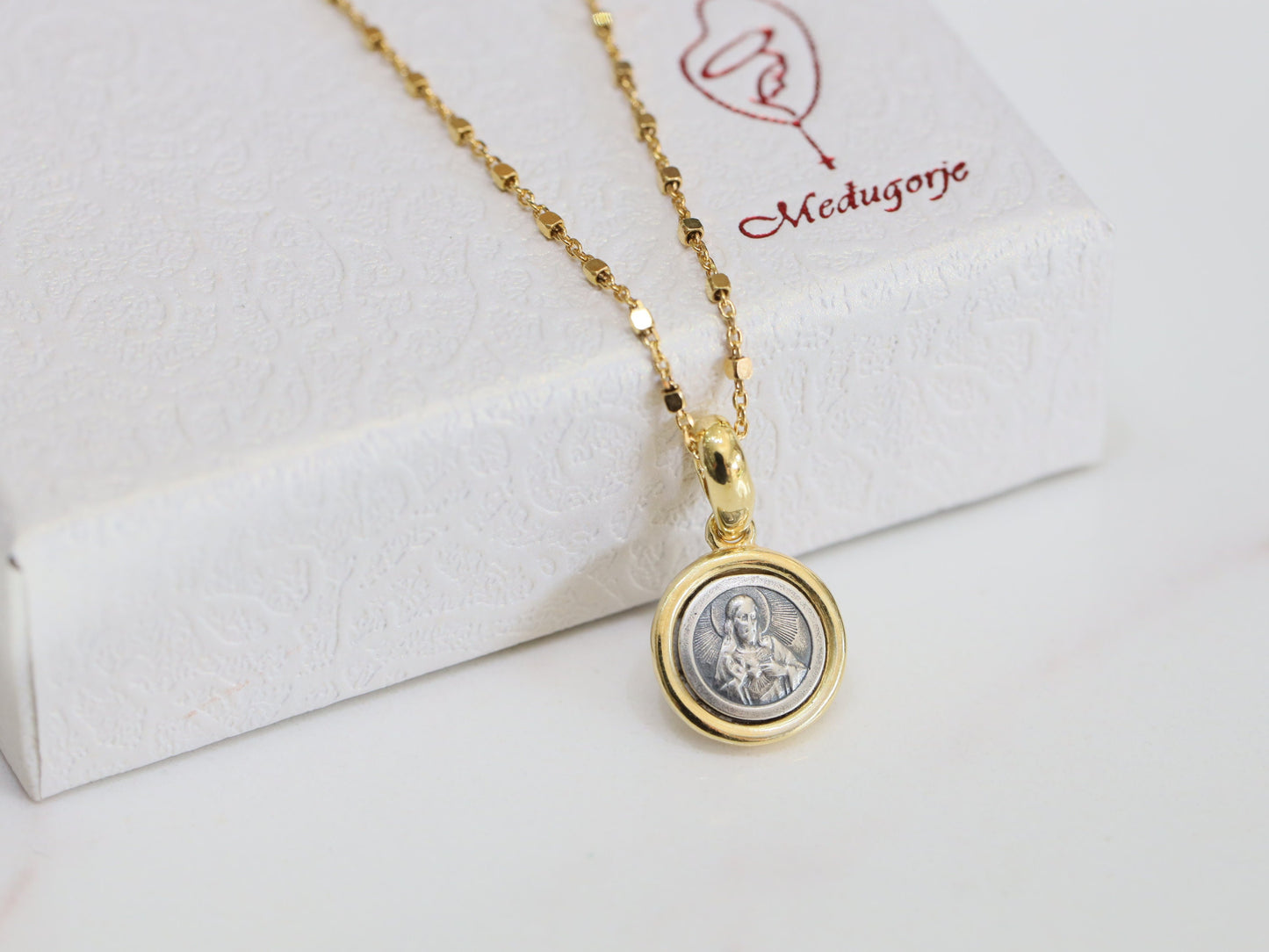Dainty Scapular medal, Our Lady of Mt Carmel, Sacred heart of Jesus medal, sterling silver 925 pendant, gold plated, round vintage silver
