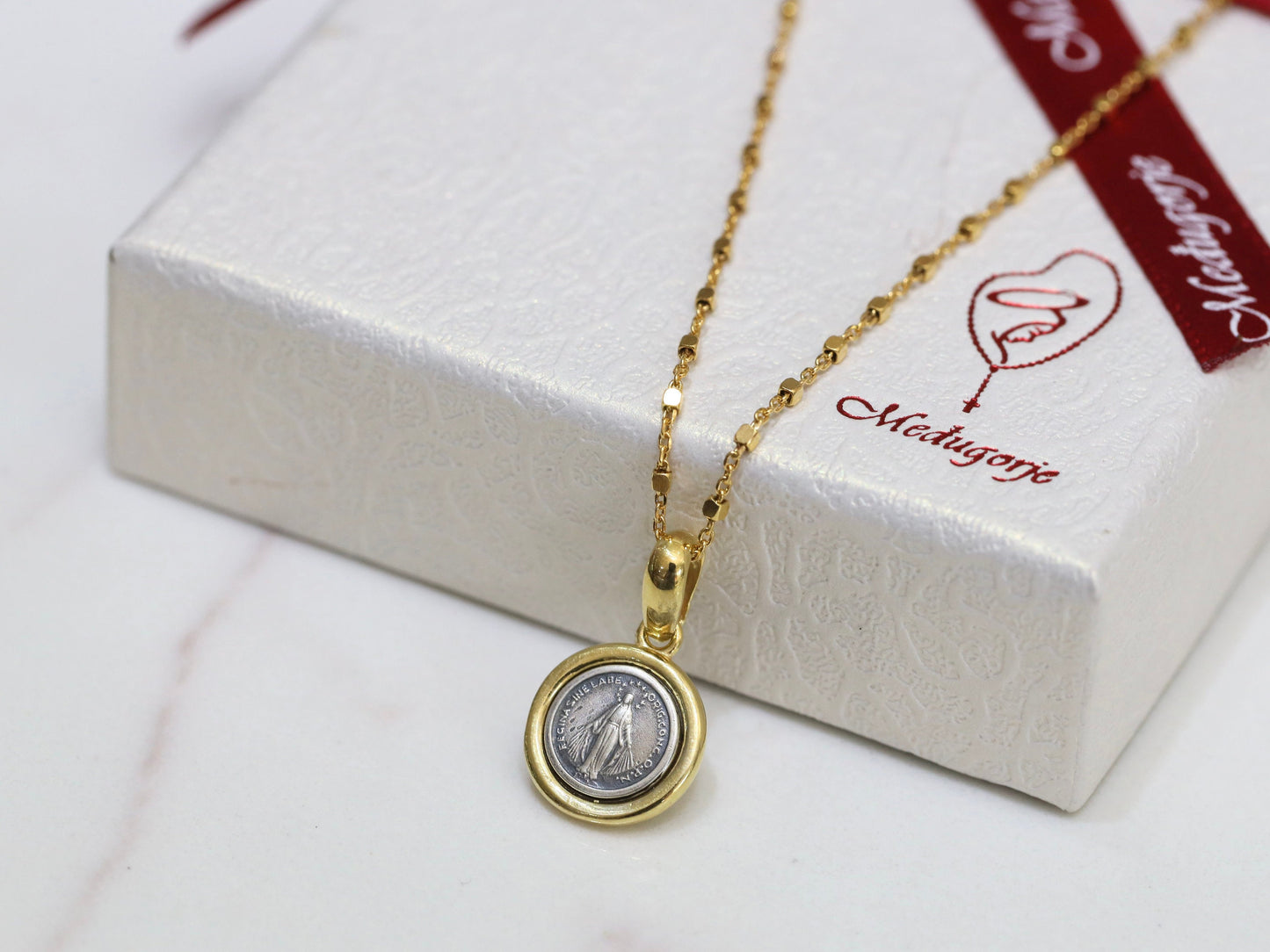 Dainty Miraculous Medal, minimalist medal of Our Lady of Grace, Small round Virgin Mary pendant, vintage sterling silver 925 gold plated,