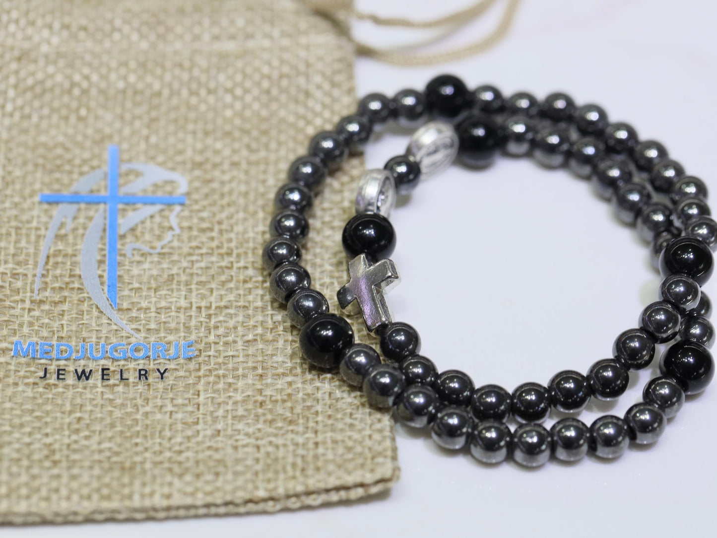 Saint Benedict bracelet, full rosary bracelet, St Benedict bracelet for man, elastic rosary bracelet, five decade rosary hematite bracelet