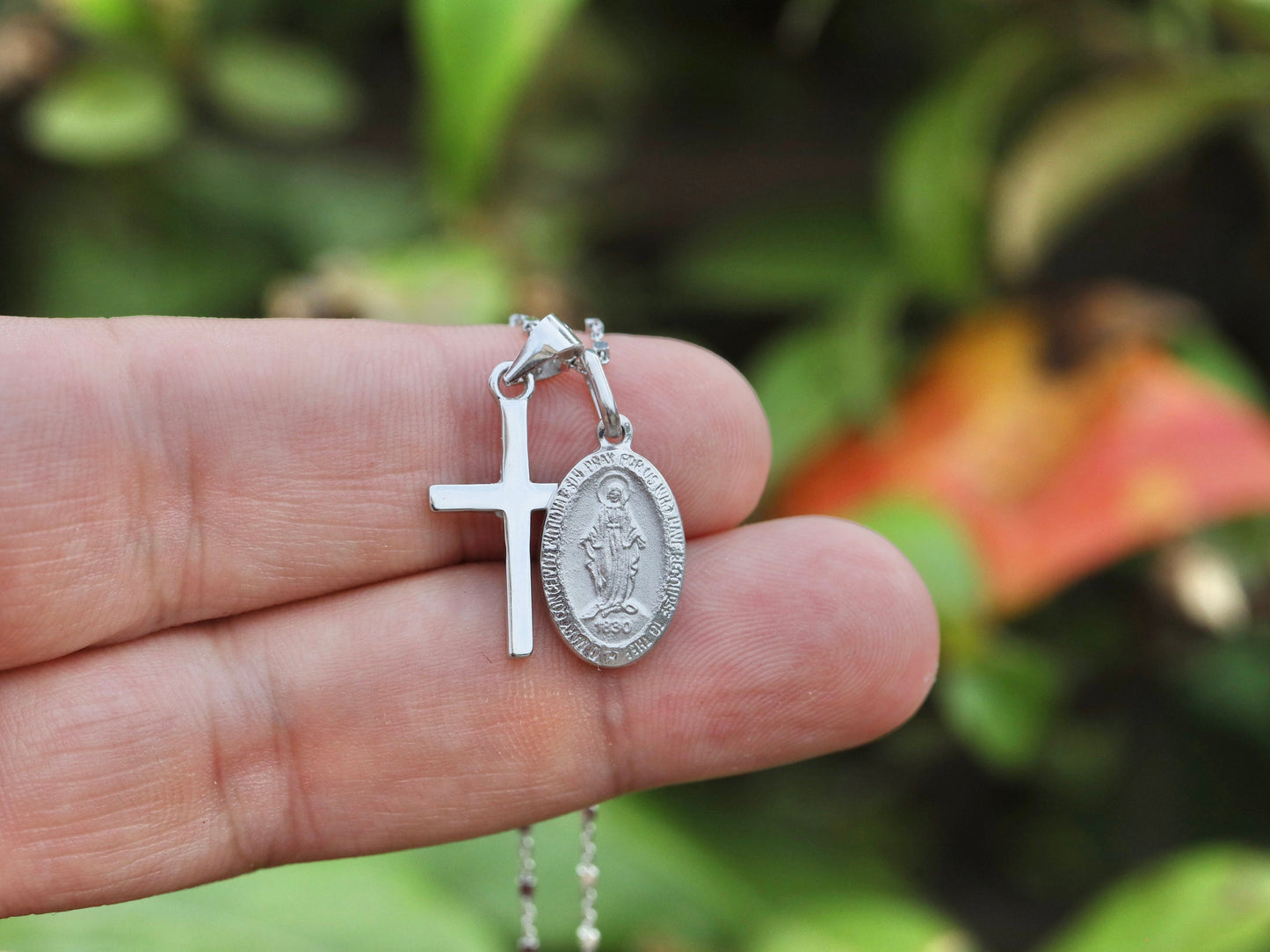 Dainty necklace with cross and Miraculous Medal, Miniature cross Miraculous Medal silver necklace, small cross Miraculous medal necklace