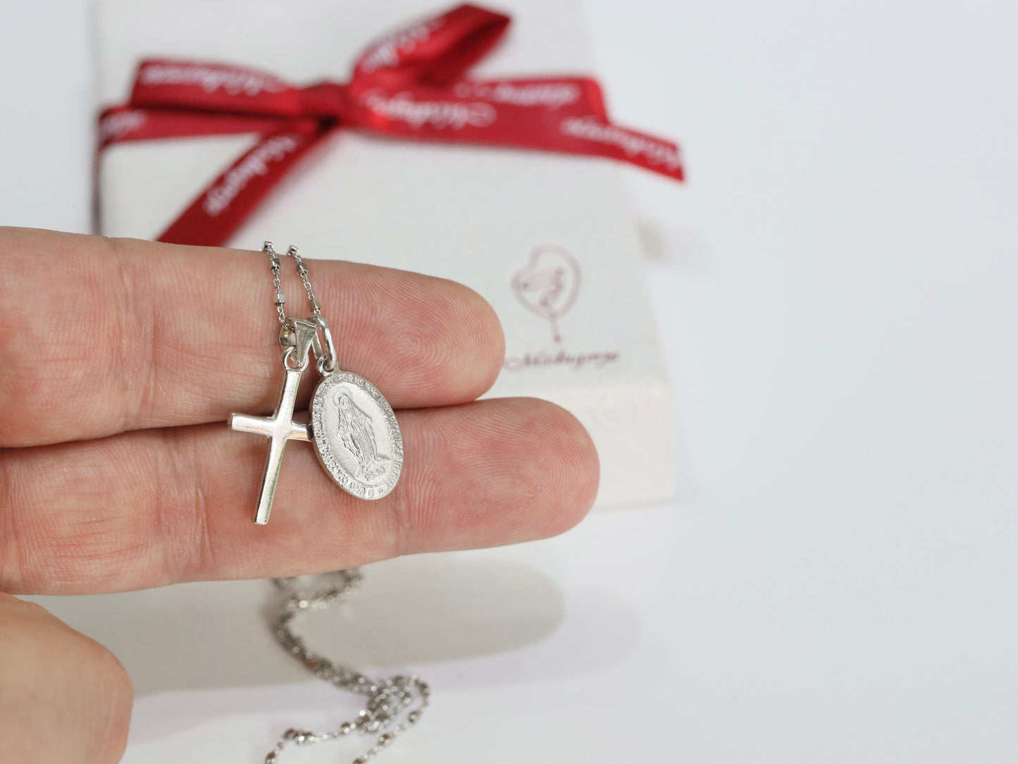Dainty necklace with cross and Miraculous Medal, Miniature cross Miraculous Medal silver necklace, small cross Miraculous medal necklace