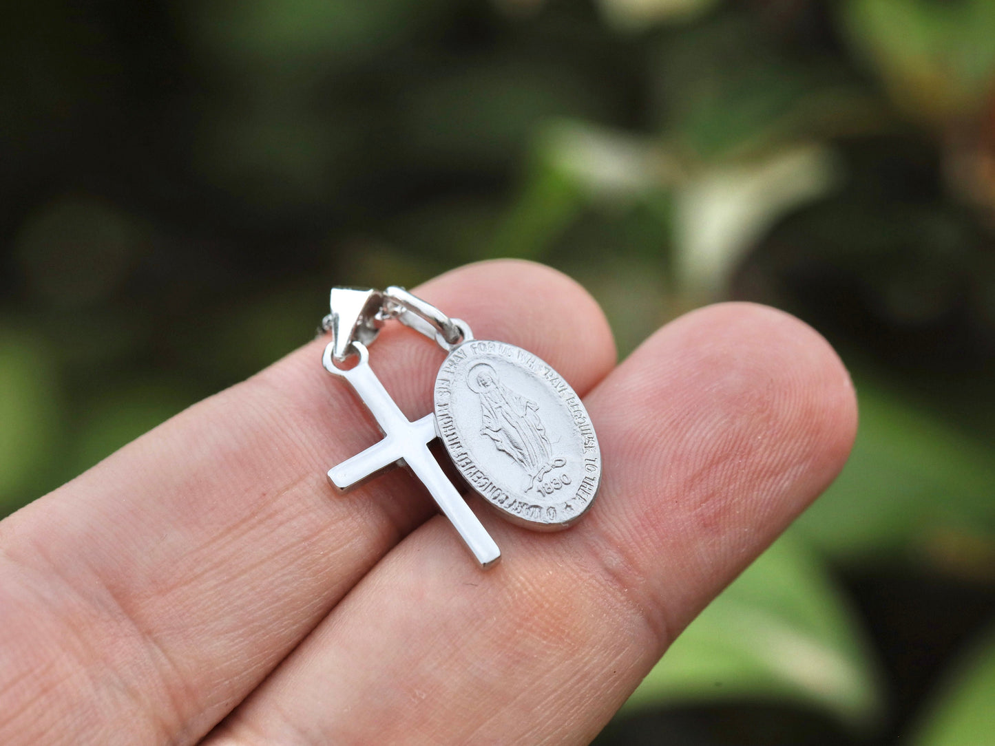 Dainty necklace with cross and Miraculous Medal, Miniature cross Miraculous Medal silver necklace, small cross Miraculous medal necklace