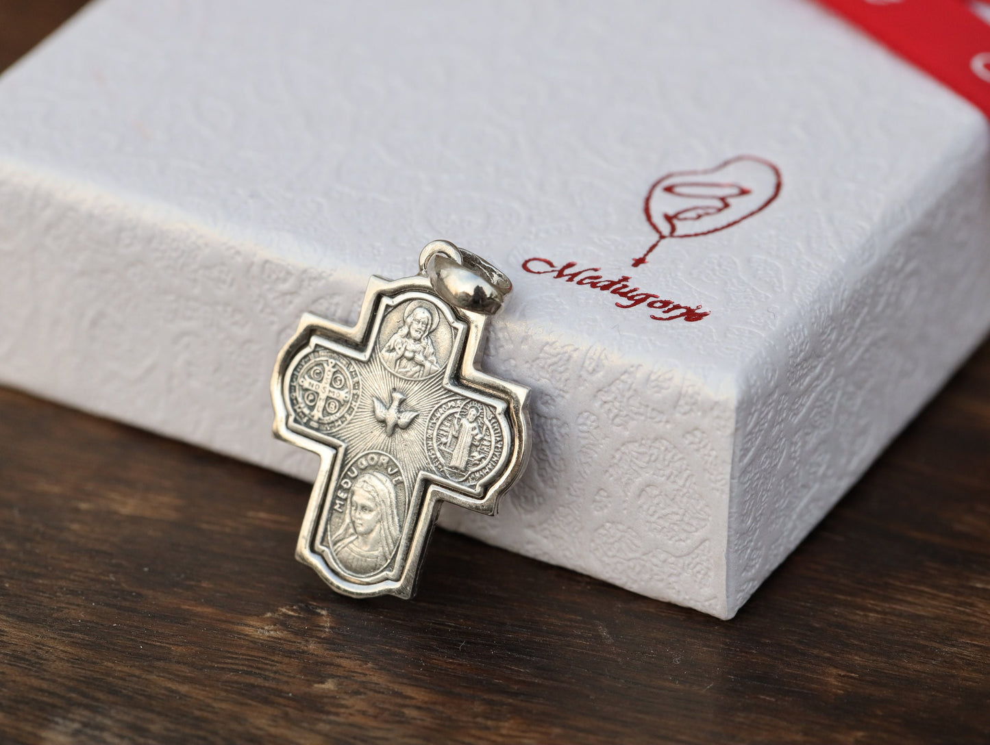 Four way cross, 4 way sterling silver cross, five way cross, Medjugorje cross, cross with St Benedict medal, Our Lady cross, Holy Spirit