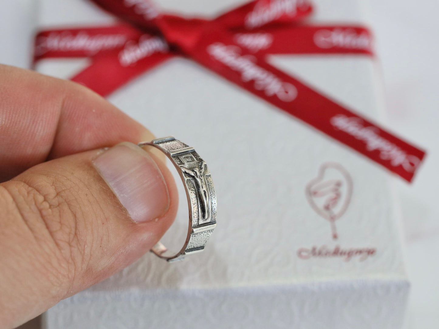 Anillo de rosario, anillo de rosario vintage con crucifijo, rosario antiguo de plata de ley 925, anillo de crucifijo, anillo de rosario de una década, anillo de oración católica